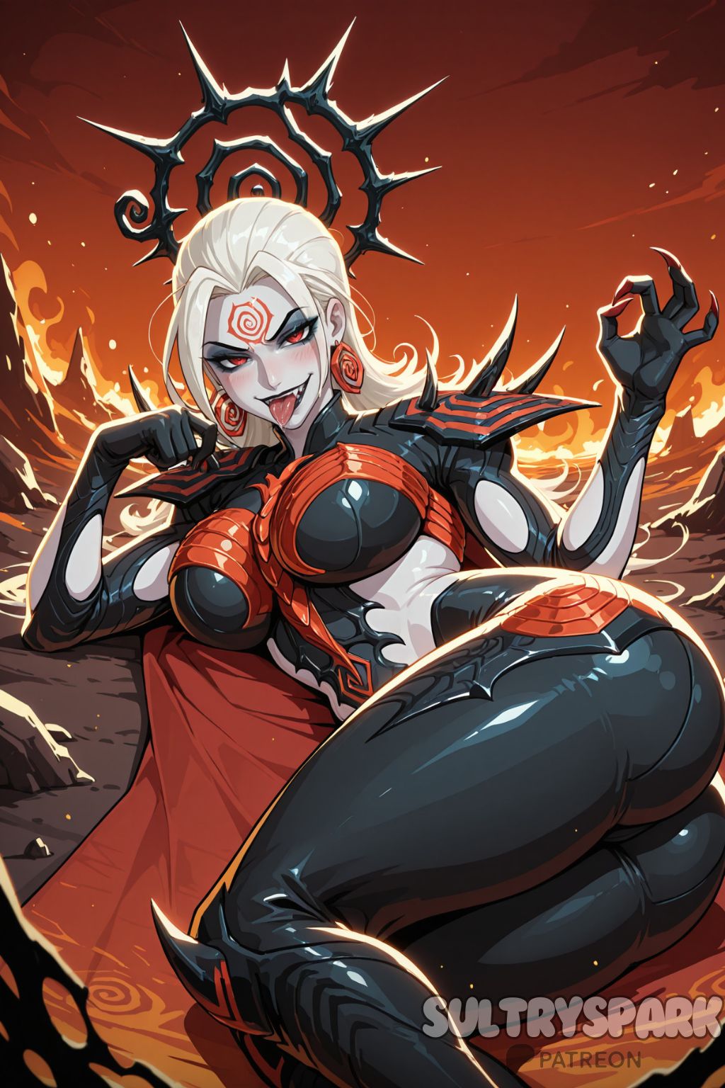 ai generated, armor, ass, branding mark, breasts, cape, colored skin, earrings, facial mark, fellatio gesture, female, futarush, hela (marvel rivals), hela (queen in black), jewelry, knull symbol, large breasts, long hair, looking at viewer, lying, marvel, marvel comics, marvel rivals, on side, open mouth, patreon, patreon username, pauldrons, red eyes, shoulder armor, solo, sultryspark, tongue, tongue out, white hair