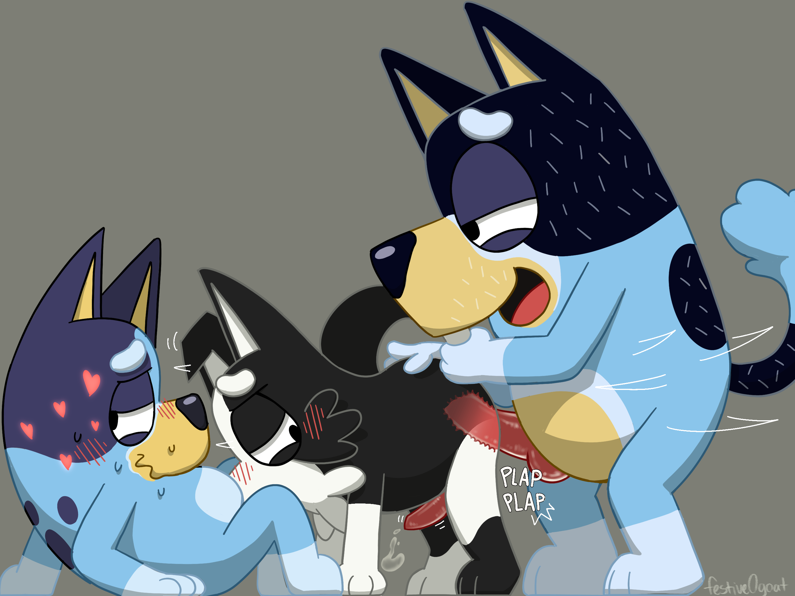 age difference, anal, anal sex, anthro, australian cattle dog, bandit heeler, bluey (series), bluey heeler, blush, blush lines, border collie, canid, canine, canine penis, canis, cub, cub on cub, cunnilingus, daughter, domestic dog, father, female, female cub, gay, knot, mackenzie (bluey), male, male cub, male/female, male/male, nude, penis, penis size difference, precum, x-ray, young