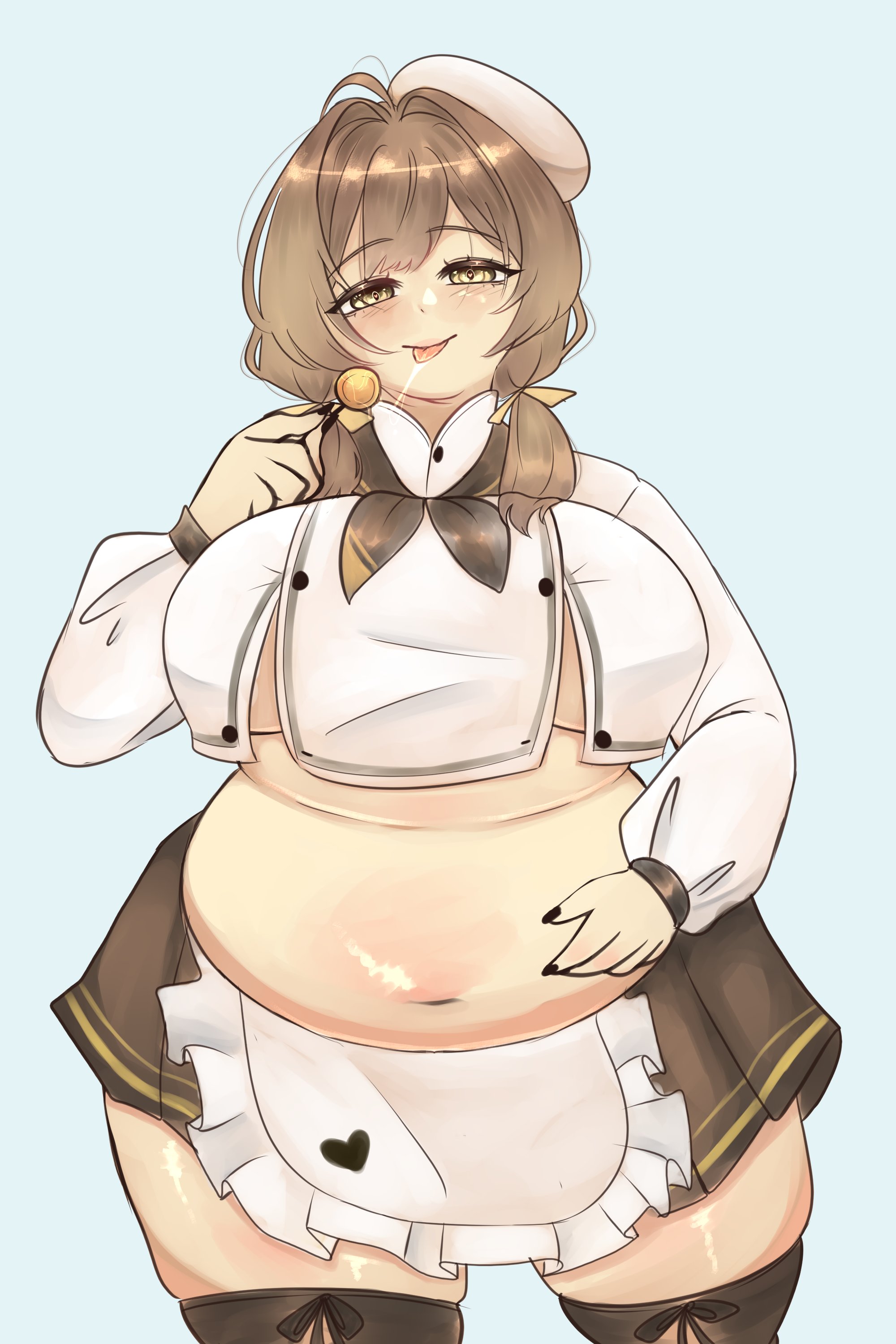 1girls, bbw, belly, big belly, bready (nikke), brown hair, chef uniform, chubby, chubby female, female, goddess of victory: nikke, hand on belly, missicake, obese, obese female