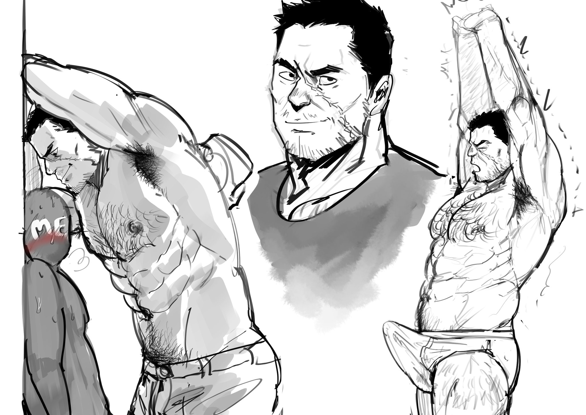 2boys, abs, against wall, amsokyo, armpit hair, bara, beard, big dom small sub, blush, bulge, chest tattoo, daddy, daddy kink, dilf, erect penis, erection, facial hair, gay, hairy, hairy armpits, hairy chest, hairy legs, hairy male, height difference, horny, imminent sex, iwao oguro, knuckleduster (my hero academia), large bulge, leg hair, male, male only, manly, masculine male, mature male, molestation, muscular, muscular male, musk, musk clouds, musky, musky armpit, my hero academia, navel hair, nipples, pecs, pectorals, penis, pubic hair, size difference, topless, topless male, y/n, yaoi, yn, you