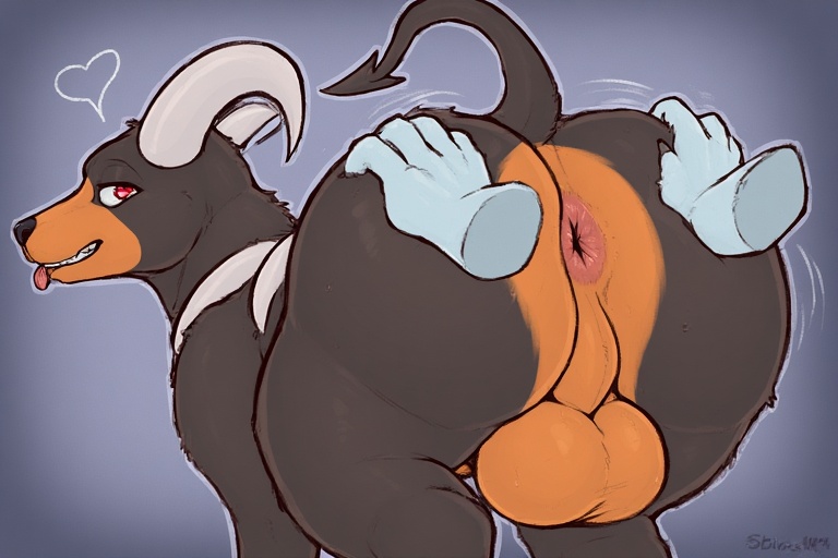 ai generated, anus, ass, balls, ballsack, big ass, black fur, bubble butt, canid, canine, disembodied hands, duo, feral, furry, generation 2 pokemon, grabbing ass, heart, houndoom, interspecies, looking back, male, male only, mammal, nintendo, nude male, orange eyes, orange fur, pokemon, pokemon (species), pokephilia, rear view, smile, standing, tail, video games, zoophilia
