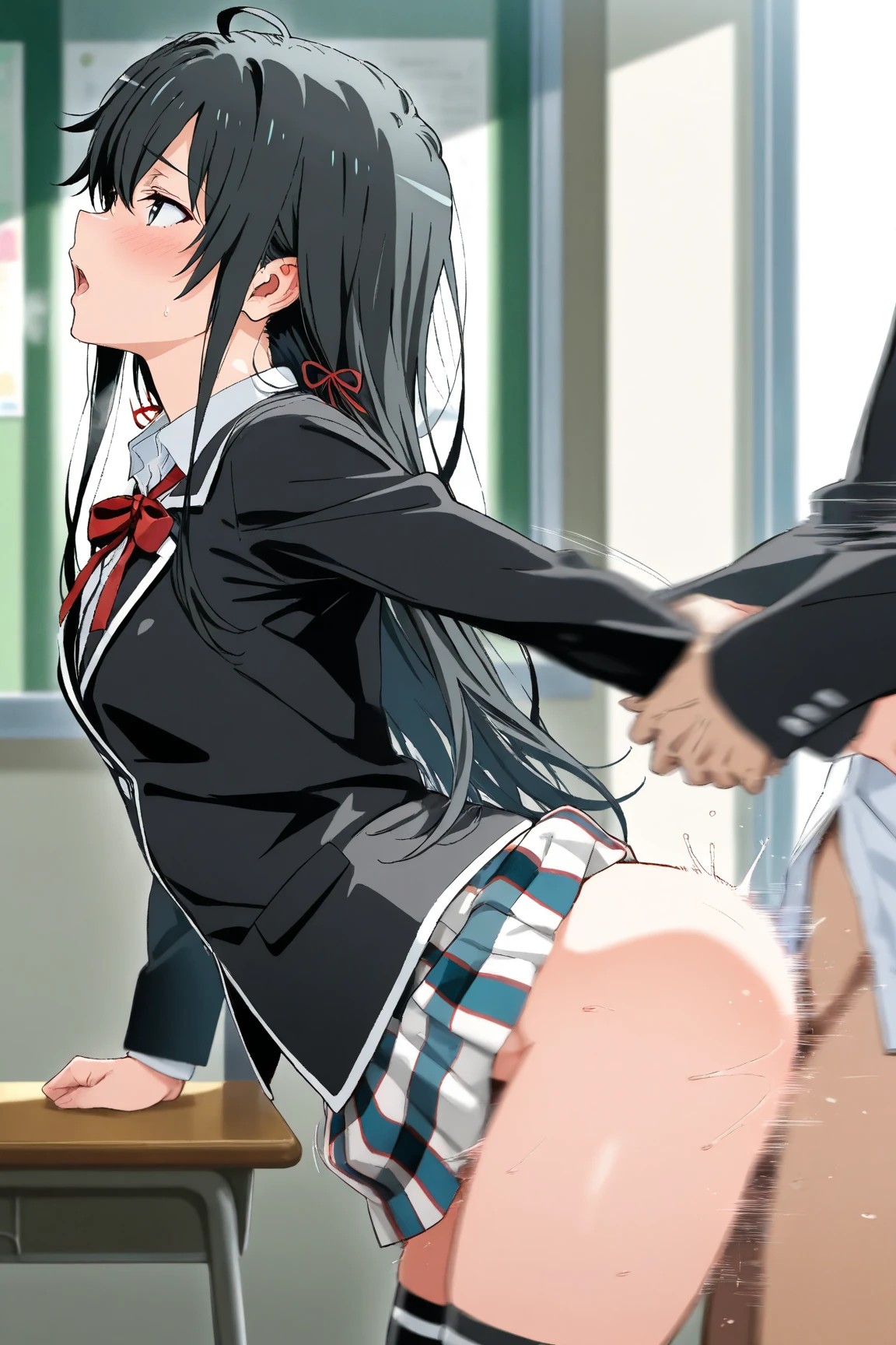 1boy, 1girls, ai generated, classroom, doggy style, female, hikigaya hachiman, male, my teen romantic comedy snafu, no panties, school uniform, sex, thighhighs, wrist grab, yukinoshita yukino
