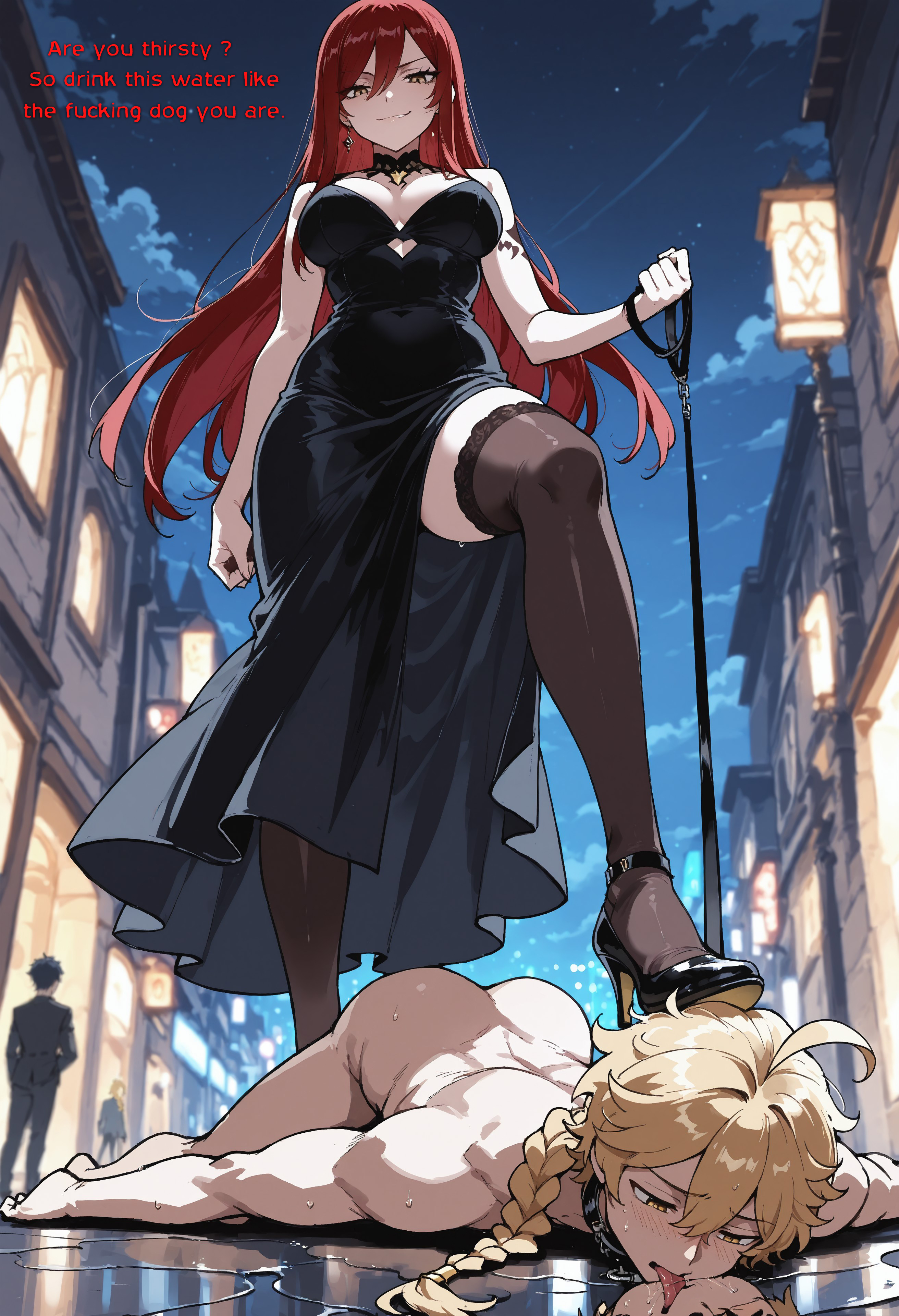 aether (genshin impact), ai generated, dominant, dominant female, dress, drink, elkazama yumi, erza scarlet, fairy tail, female, femdom, genshin impact, high heels, licking, male, slave, submissive male