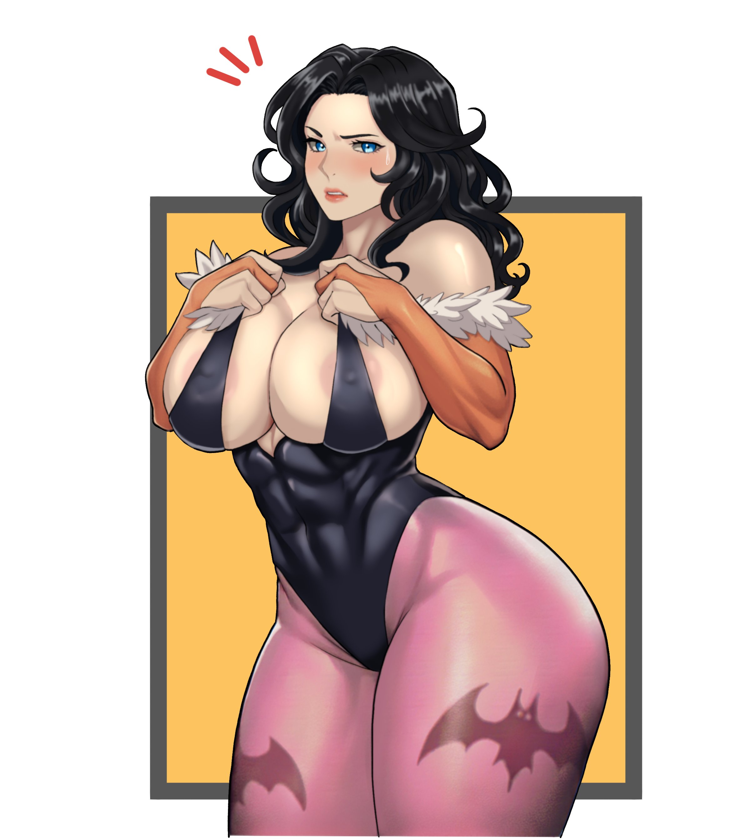1girls, abs, animal print, ass, bat print, big breasts, black hair, black leotard, blue eyes, blush, breasts, cleavage, cosplay, crimsomxmuse, darkstalkers, dc, dc comics, diana of themyscira, diana prince, female, female only, fur trim, halloween, huge breasts, large breasts, leotard, long hair, morrigan aensland (cosplay), sweatdrop, thick thighs, thighs bigger than head, wonder woman, wonder woman (series)