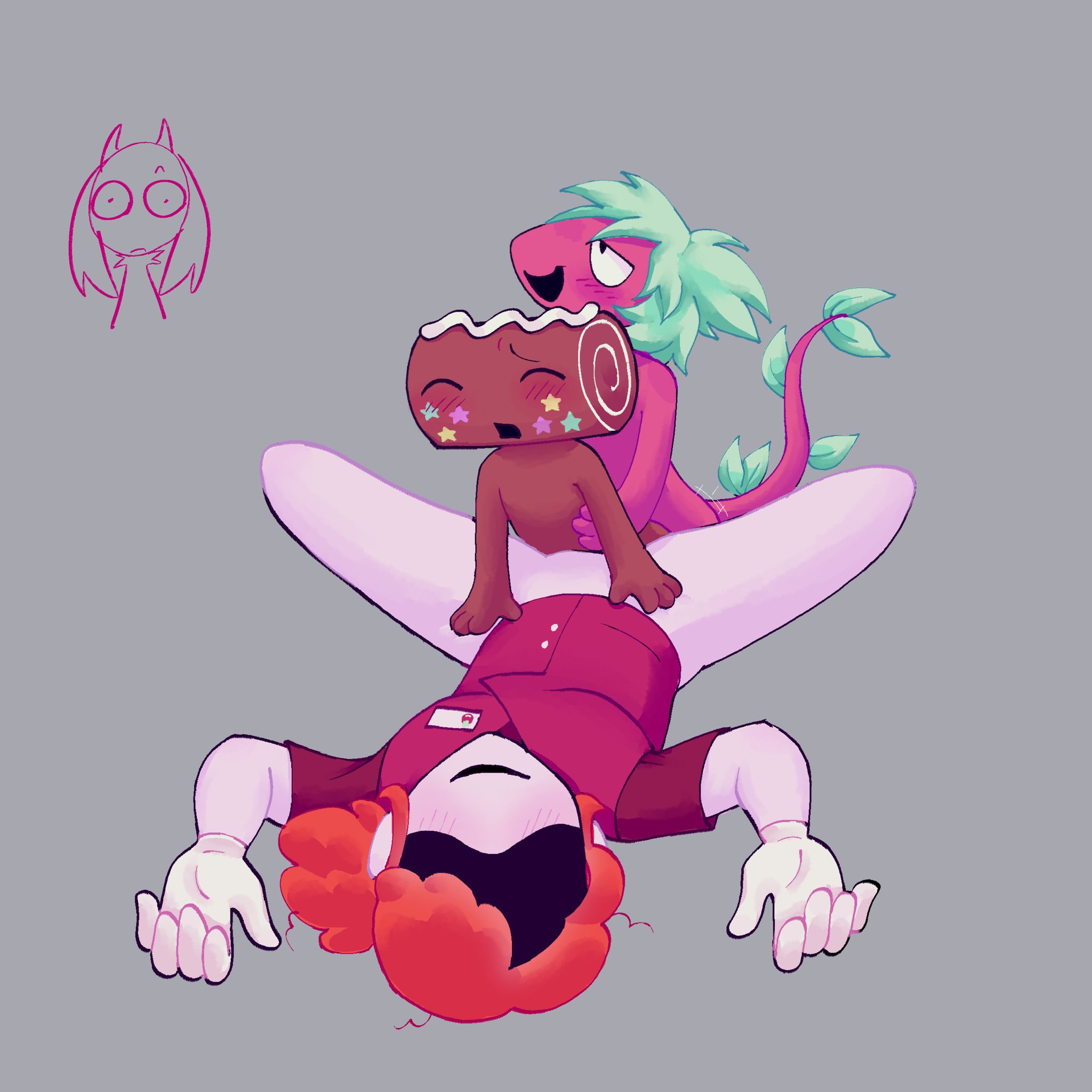 2boys, anthro, anthro on anthro, anthro on human, cosmo (dandy's world), dandy's world, half naked, half-closed eyes, human, male, messy hair, nonbinary, nonbinary (lore), object, object head, objectophilia, sam mclaughlin (dandy's world), sprout (dandy's world), threesome, toon handler, toon x handler, toon x human, toonophilia, toonxhandler, toonxhuman