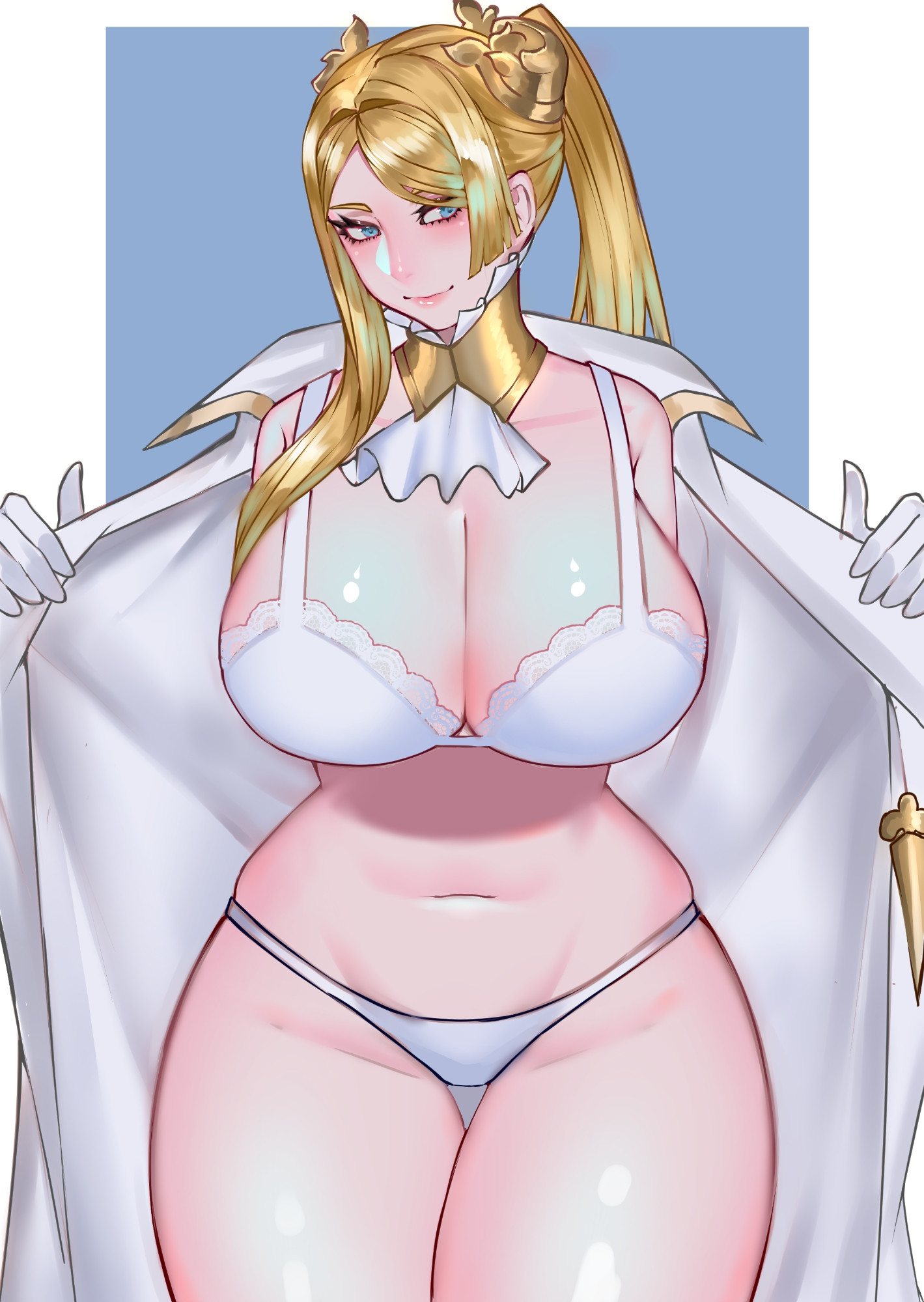 1girls, 2025, big breasts, blonde female, blonde hair, blue eyes, bra, breasts, coat, coat open, curvy, curvy figure, digital media (artwork), female, female only, gloves, jacket, jacket open, kirvine, lingerie, nier, nier (series), nier: automata, no visible genitalia, revealing, revealing clothes, shiny skin, solo, solo female, underwear, wide hips, yorha commander