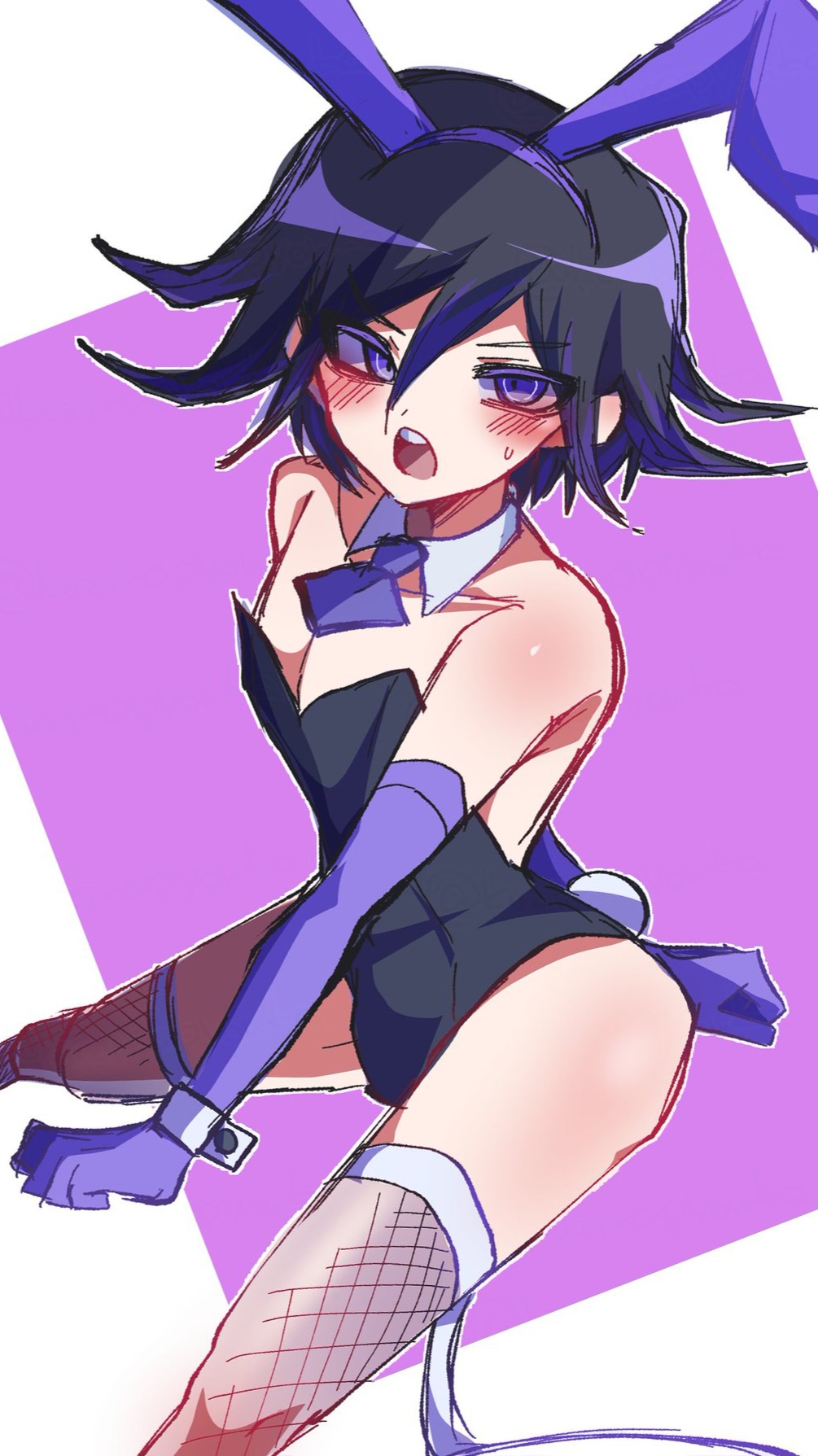 blush, bunny ears, bunnysuit, danganronpa, danganronpa v3, femboy, fishnets, male, new danganronpa v3, otoko no ko, ouma kokichi, thighs