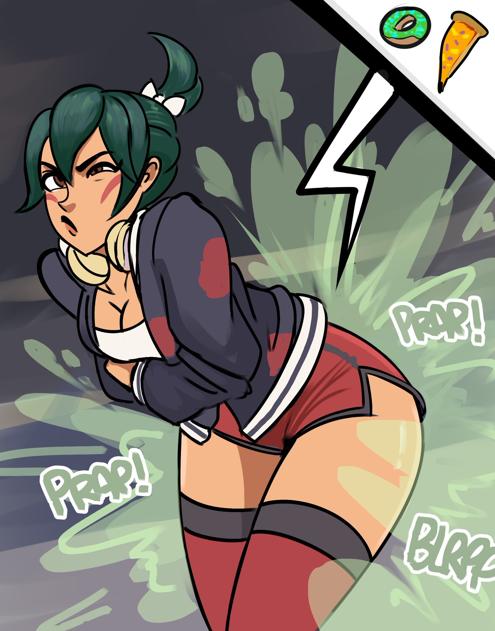 athleisure kiriko, brown hair, cleavage, fart, fart cloud, fart fetish, farting, green hair, holding stomach, kiriko (overwatch), lolotron, overwatch, overwatch 2, overweight