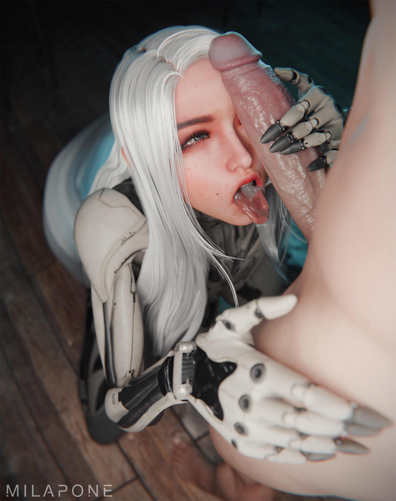 1boy, 1girls, 2025, 3d, android, android girl, cum, cum in mouth, cum on tongue, duo, enya (stellar blade), female, holding penis, indoors, kneeling, kneeling on ground, kneeling oral position, light blue eyes, long hair, looking at partner, male, milapone, mismatched eyebrows, penis, penis on face, penis over eye, penis over one eye, post-orgasm, robotic body, simple background, stellar blade, sticking out tongue, straight, white hair