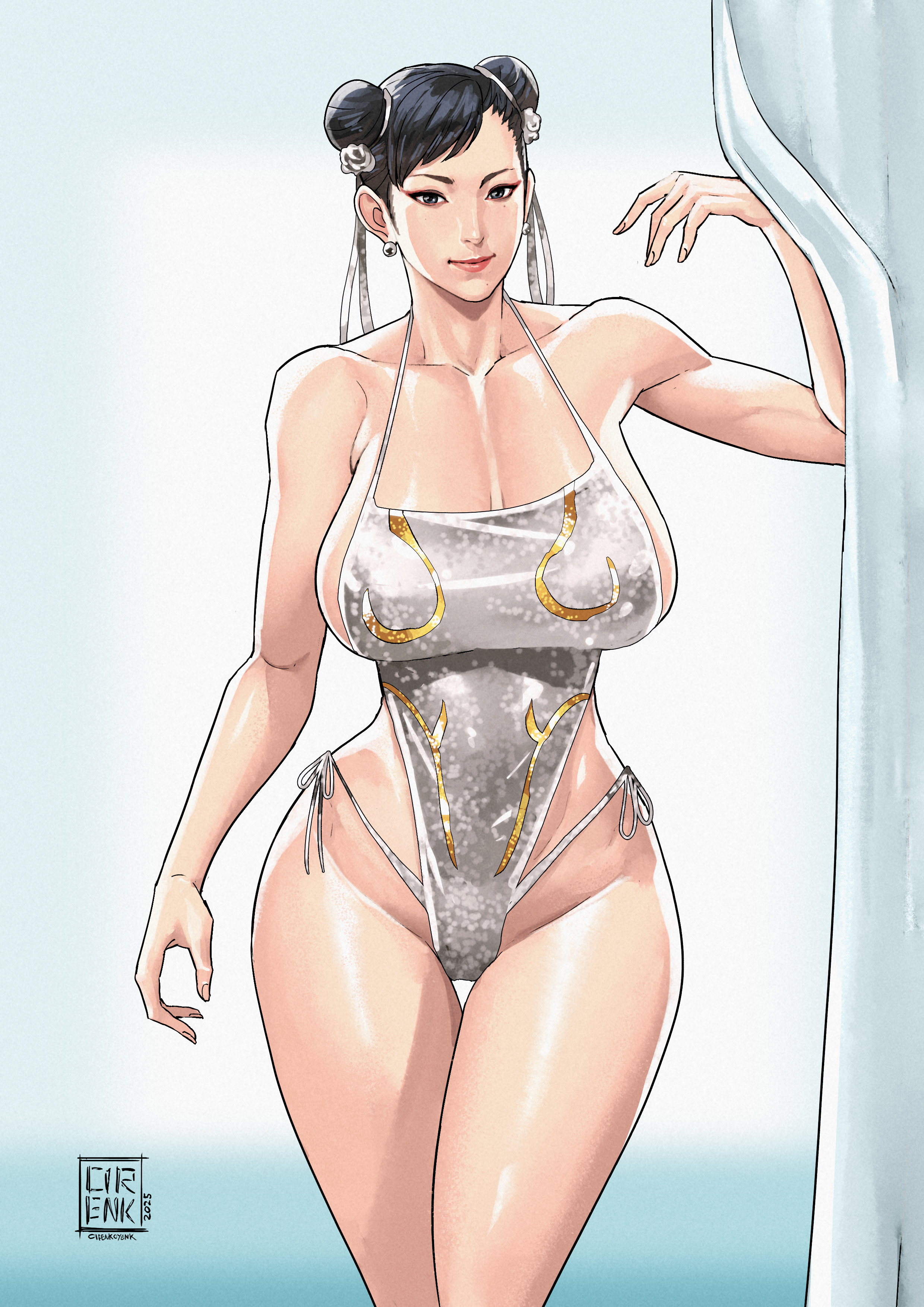 1girls, alternate version available, asian, asian female, big breasts, black eyes, black hair, breasts, chinese clothes, chun-li, cirenk, cleavage, double bun, female, female only, hourglass figure, huge breasts, large breasts, lingerie, milf, sleepwear, street fighter, street fighter 6, thick thighs, twin buns, voluptuous, wide hips