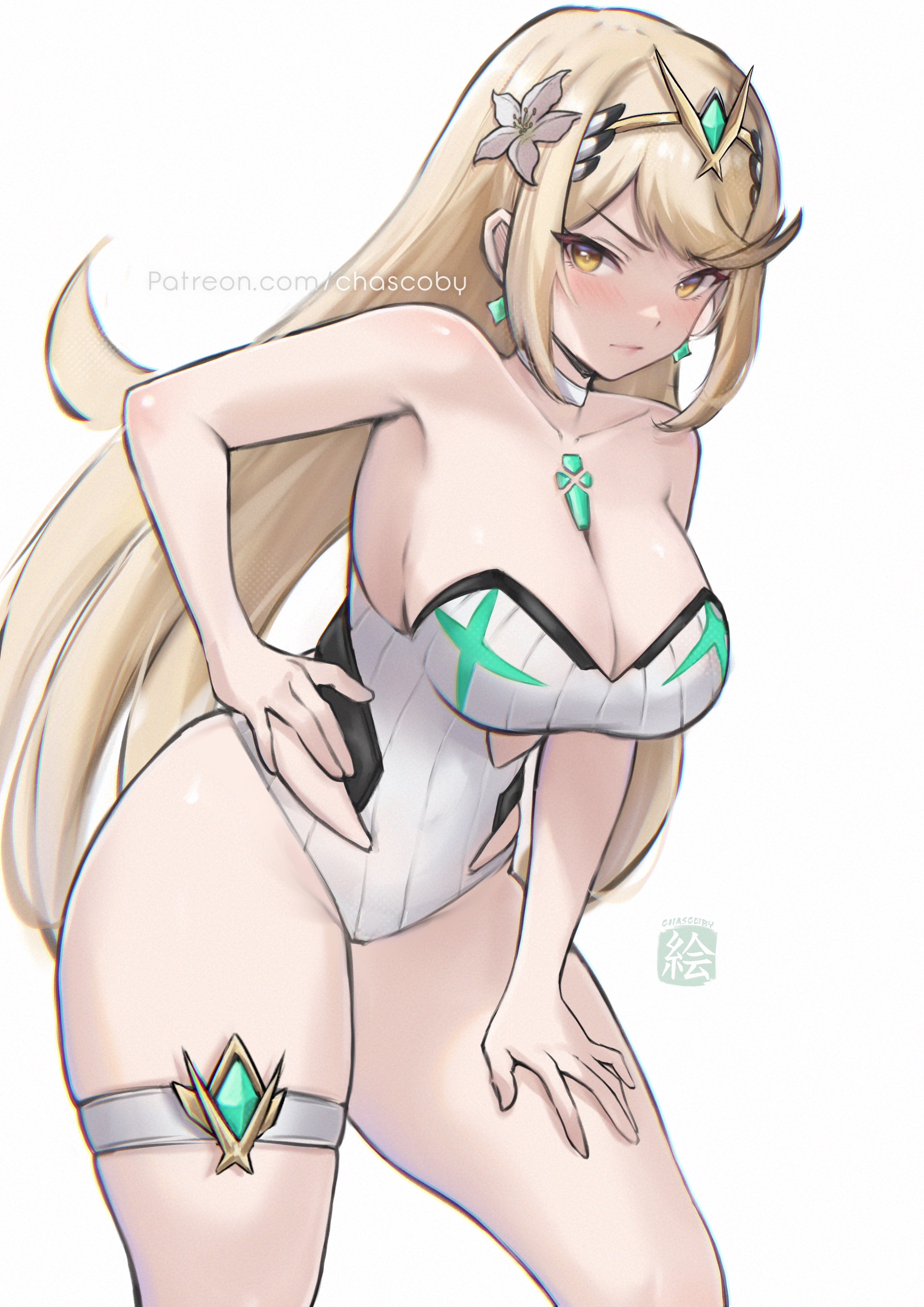 1girls, breasts, chascoby, female, female focus, female only, large breasts, light skin, light-skinned female, looking at viewer, mythra, one-piece swimsuit, solo, swimsuit, thick thighs, thigh strap, thighs, white background, wide hips, xenoblade (series), xenoblade chronicles 2