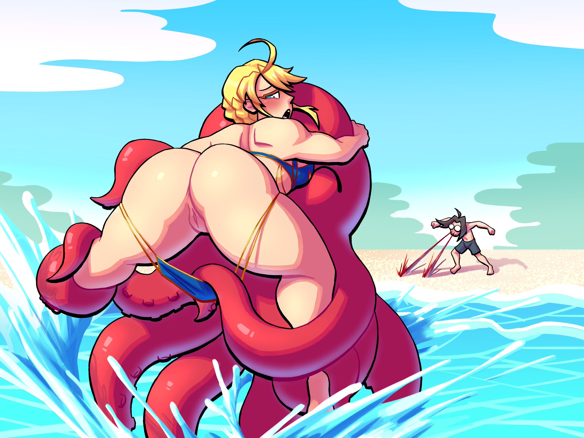 1boy, 1girls, 1monster, artoria pendragon (lancer), ass focus, assisted exposure, back muscles, beach, big ass, big butt, bikini, bikini pull, blonde hair, bottomless, clouds, embarrassed, embarrassed nude female, exposed pussy, fat ass, fate (series), fate/grand order, female, large ass, looking back, lovetopullmicke, male, muscles, muscular, muscular female, nosebleed, octopus, panty pull, pussy, sand, sunny, thick ass, thick thighs, water, zoophilia