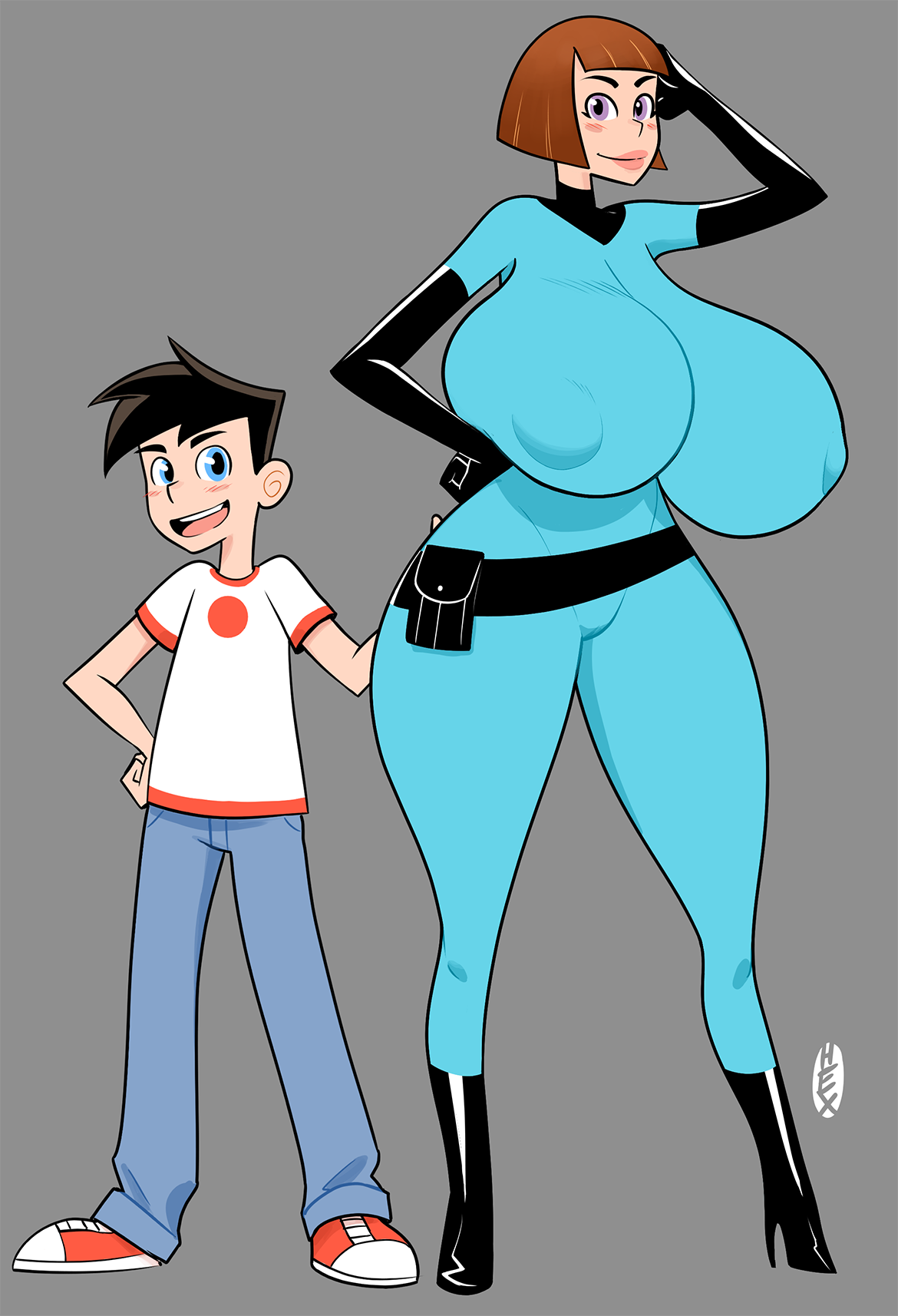 1boy, 1girls, age difference, breasts, danny fenton, danny phantom, female, goggles, hexamous, huge breasts, larger female, madeline fenton, male, mask, masked, masked female, mature female, milf, mother and child, mother and son, older female, size difference, smaller male, wide hips, younger male