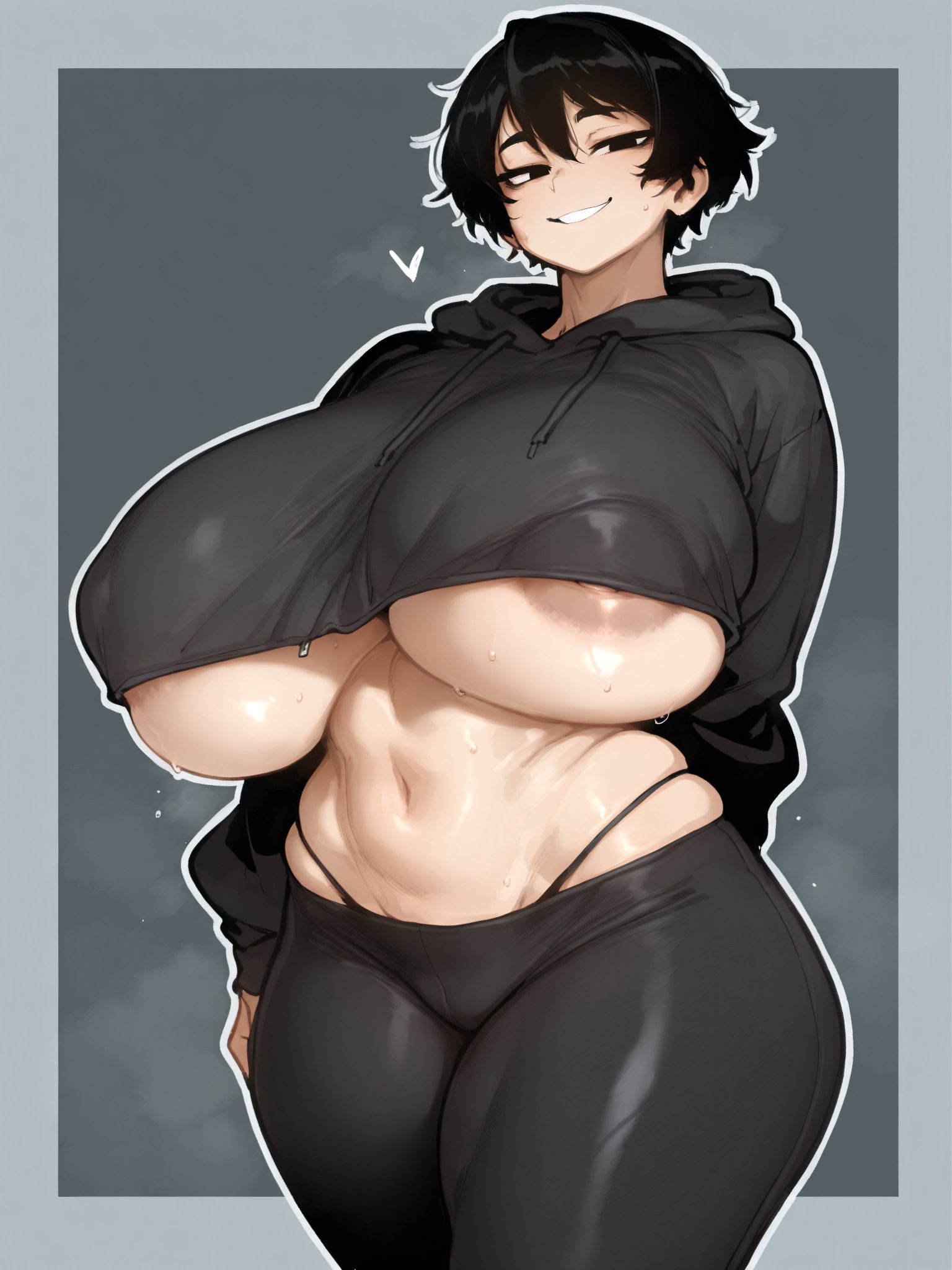 1girls, ai generated, areola slip, areolae visible through clothing, bare thighs, black eyes, black hair, breasts, crop top, female, gigantic breasts, huge areolae, huge breasts, huge nipples, huge thighs, light skin, light-skinned female, looking at viewer, massive breasts, nipples visible through clothing, oatmealdood, oiled body, oiled skin, original, puffy nipples, short hair, smiling, solo, solo female, squatting, sweat, sweatdrop, thick body, thick female, thick thighs, thighs, tomboy, underboob, voluptuous, voluptuous female