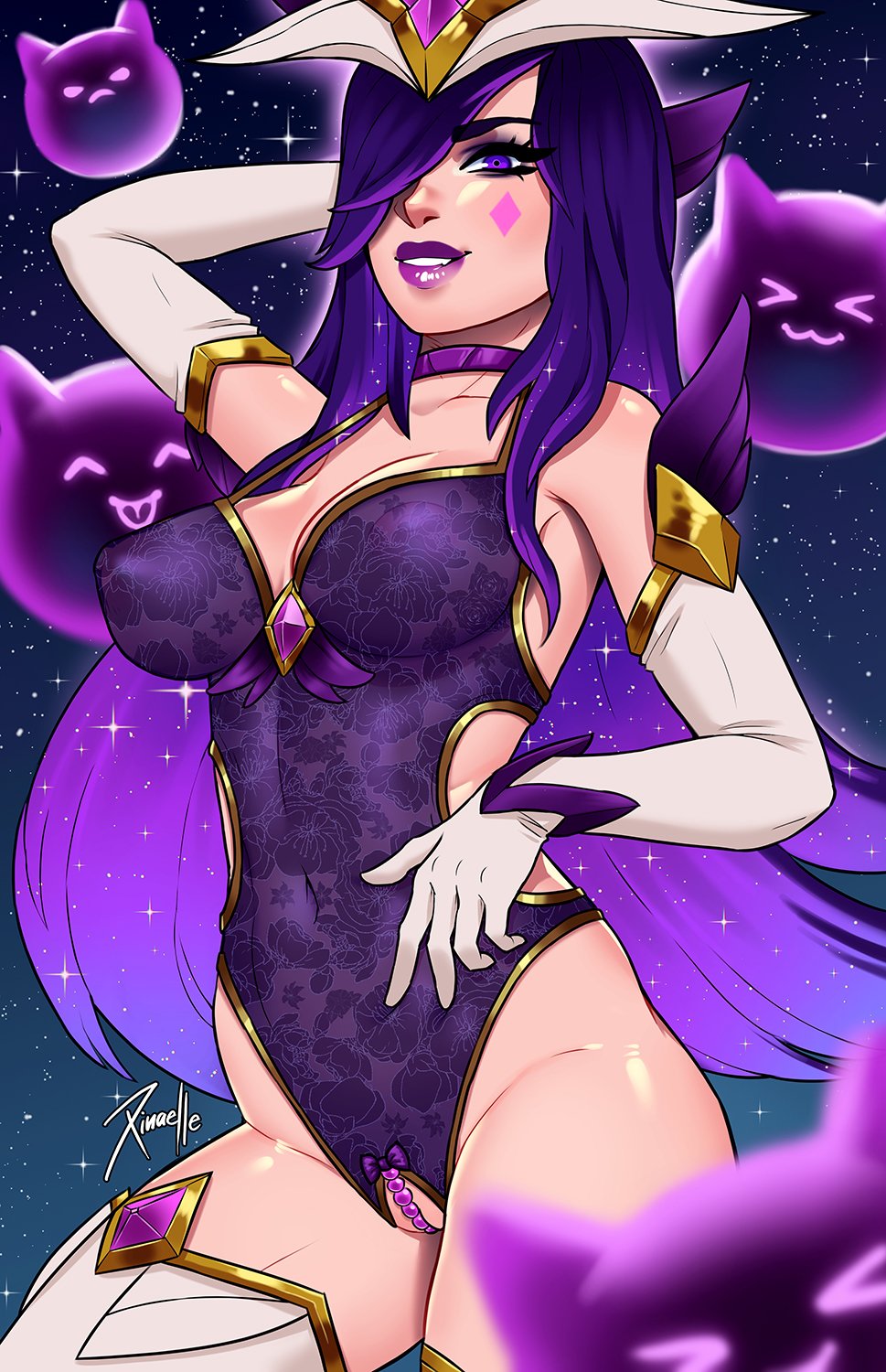 1girls, 2019, alternate costume, breasts, cleavage, crotchless leotard, female, female only, league of legends, lipstick, looking at viewer, multi (league of legends), pearls, solo, star guardian series, star guardian syndra, syndra, thighhighs, xinaelle
