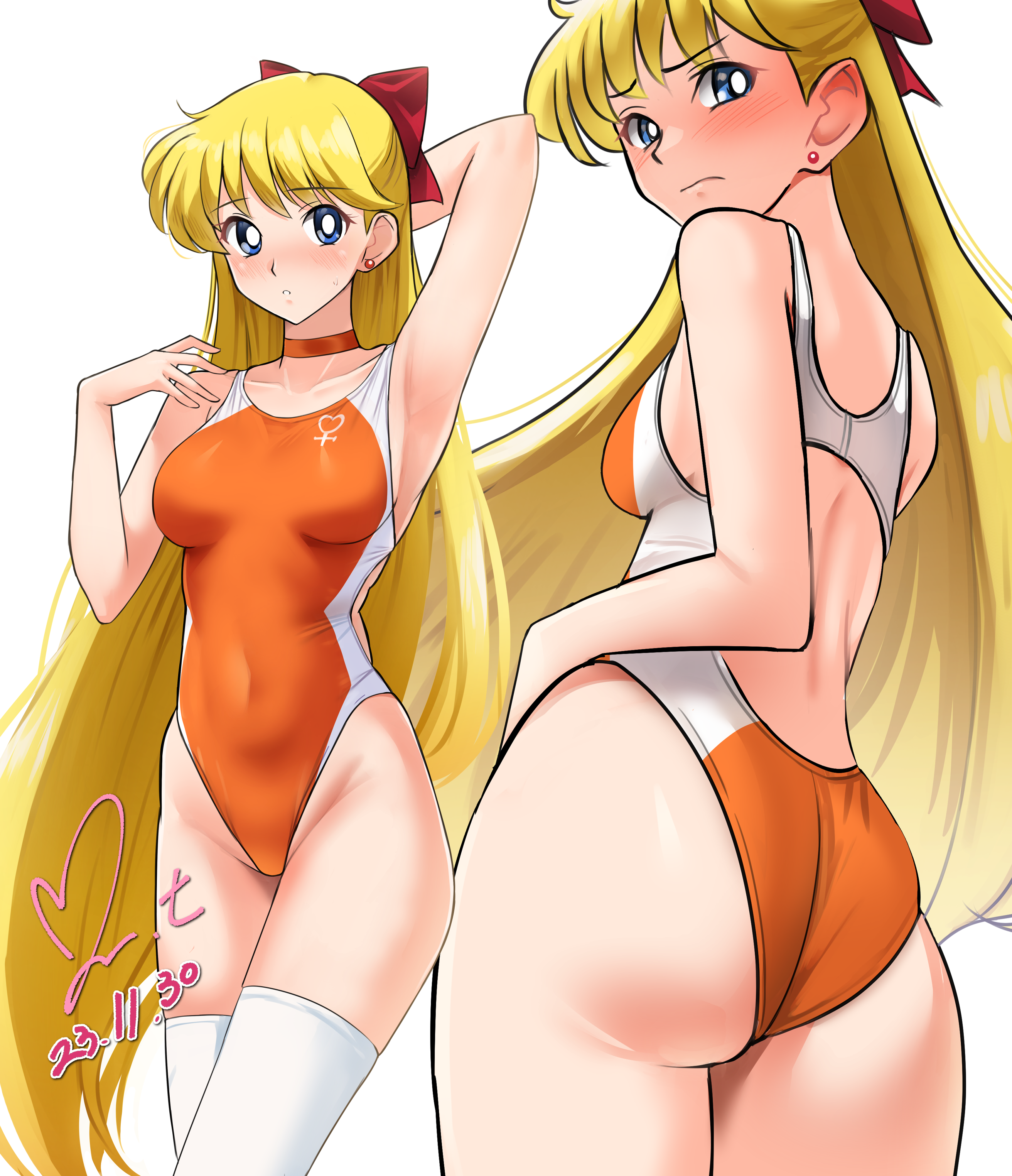 absurd res, adult swim, alluring, ass, ass cleavage, ass crack, ass focus, bishoujo senshi sailor moon, bishoujo senshi sailor moon r, bishoujo senshi sailor moon r the movie, bishoujo senshi sailor moon s, bishoujo senshi sailor moon s the movie, bishoujo senshi sailor moon supers, bishoujo senshi sailor moon supers the movie, blonde hair, blue eyes, bow, breasts, choker, commentary request, commission, competition swimsuit, covered navel, cute, dated, earrings, embarrassed, female, hairbow, half updo, high res, highleg, highleg one-piece bikini, jewelry, light-skinned female, long hair, looking back, minako aino, multiple views, one-piece bikini, one-piece swimsuit, orange choker, orange one-piece bikini, pixiv commission, signature, small breasts, stockings, swimsuit, toei animation, toonami, two-tone bikini, two-tone swimsuit, venus symbol, white thighhighs, yoo tenchi