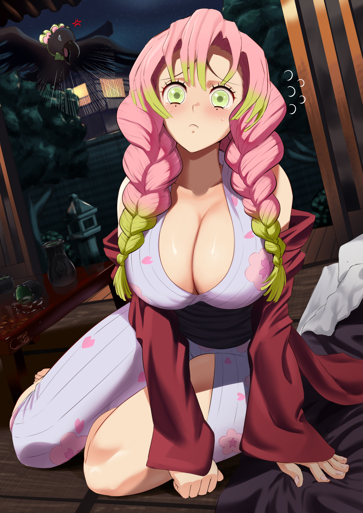 :t, 1girls, anger vein, bird, blush, bottle, braid, breasts, castell, cleavage, closed mouth, crow, cup, demon slayer, female, floral print, gradient hair, green eyes, green hair, heart, heart print, highres, japanese clothes, kanroji mitsuri, kimetsu no yaiba, kimono, large breasts, long hair, looking at viewer, mole, mole under each eye, mole under eye, multicolored hair, multiple moles, pink hair, pink-haired female, pout, raised eyebrows, sitting, solo, spill, table, tearing up, tears, thighs, twin braids, two-tone hair, urara (kimetsu no yaiba), yokozuwari
