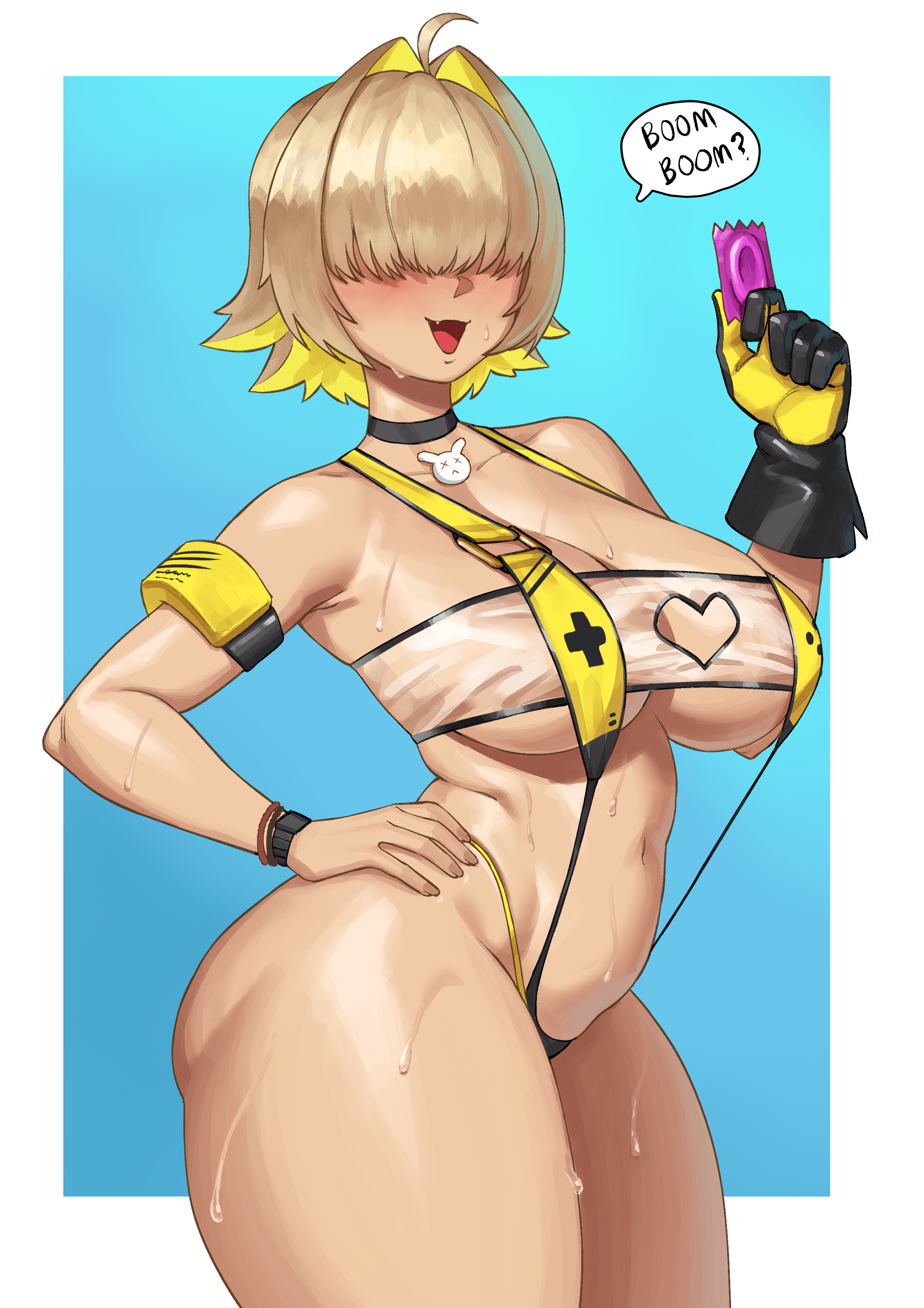 1girls, arm strap, big breasts, blonde hair, breasts, cleavage, condom, condom wrapper, elegg (boom and shock) (nikke), elegg (nikke), english, english text, female, female only, gloves, goddess of victory: nikke, hair, hair over eyes, hand on hip, handwear, hips, holding object, huge breasts, mrcrazyp3, official alternate costume, revealing clothes, sex request, skimpy, skimpy clothes, sling bikini, solo, solo female, speech bubble, sweat, sweatdrop, swimwear, text, thick thighs, thighs, watch, wide hips, yellow sling bikini