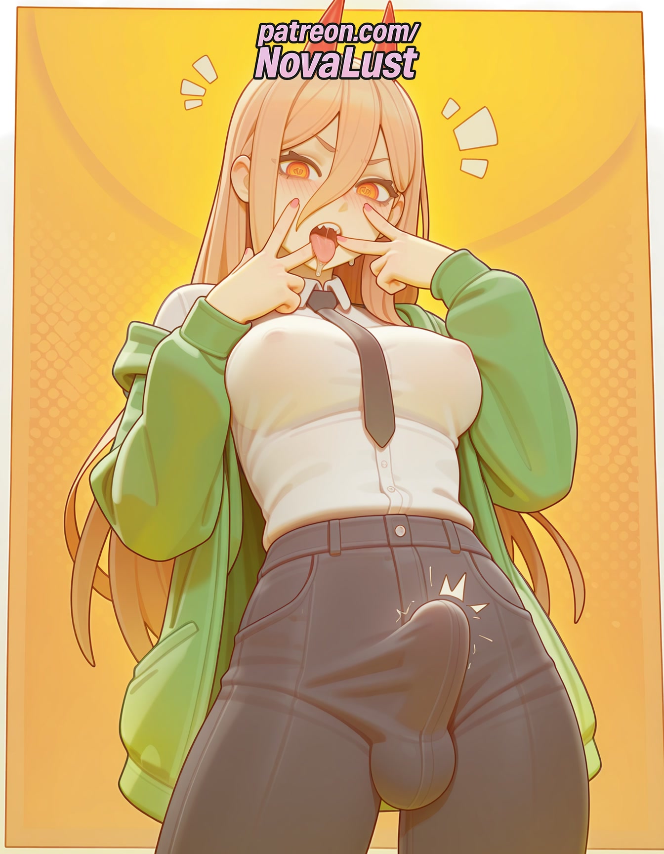 !, !!, 1futa, 2025, ai generated, artist name, balls, blonde hair, breasts, bulge, bust, chainsaw man, chest, cock, dick, erection, erection under clothes, futanari, green jacket, hair between eyes, hi res, high quality, high resolution, highres, intersex, jacket, long hair, mole, necktie, novalust, orange background, patreon, patreon username, penis, power (chainsaw man), solo, stable diffusion, testicles, tongue, tongue out, v, watermark, white shirt, yellow background, yellow eyes