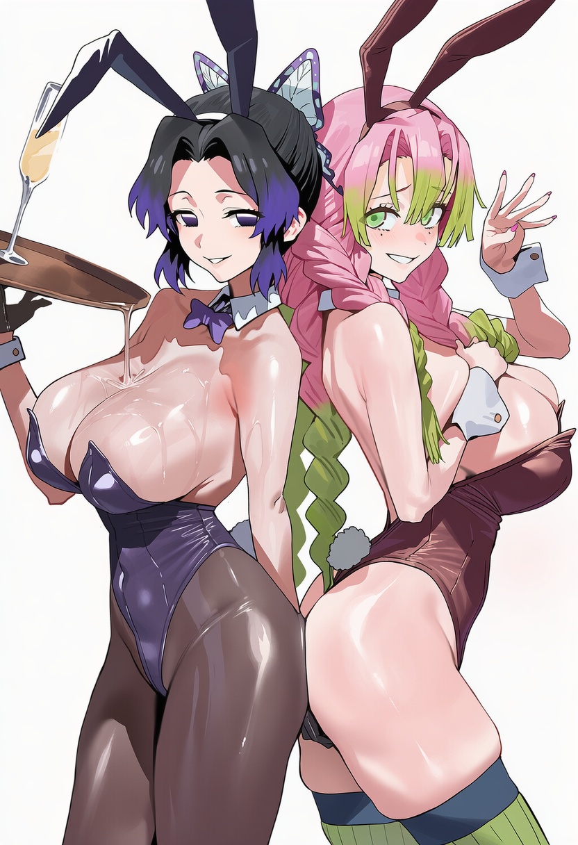 2girls, ai generated, ai niji ia, alternate costume, animal ears, bangs, bare shoulders, big breasts, black legwear, black leotard, blush, bow, bowtie, braid, breasts, bunny ears, bunny girl, bunny tail, bunnysuit, cleavage, cowboy shot, demon slayer, detached collar, drinking glass, eyebrows visible through hair, fake animal ears, fake tail, female, fishnets, gradient, gradient hair, green background, green eyes, green hair, grin, highleg, highleg leotard, holding, kanroji mitsuri, kimetsu no yaiba, kochou shinobu, large breasts, leotard, long hair, looking at viewer, mole, mole under eye, multicolored hair, multiple females, multiple girls, pantyhose, pink hair, purple eyes, purple hair, smile, strapless, strapless leotard, tail, thighhighs, thighs, tray, white background, wrist cuffs