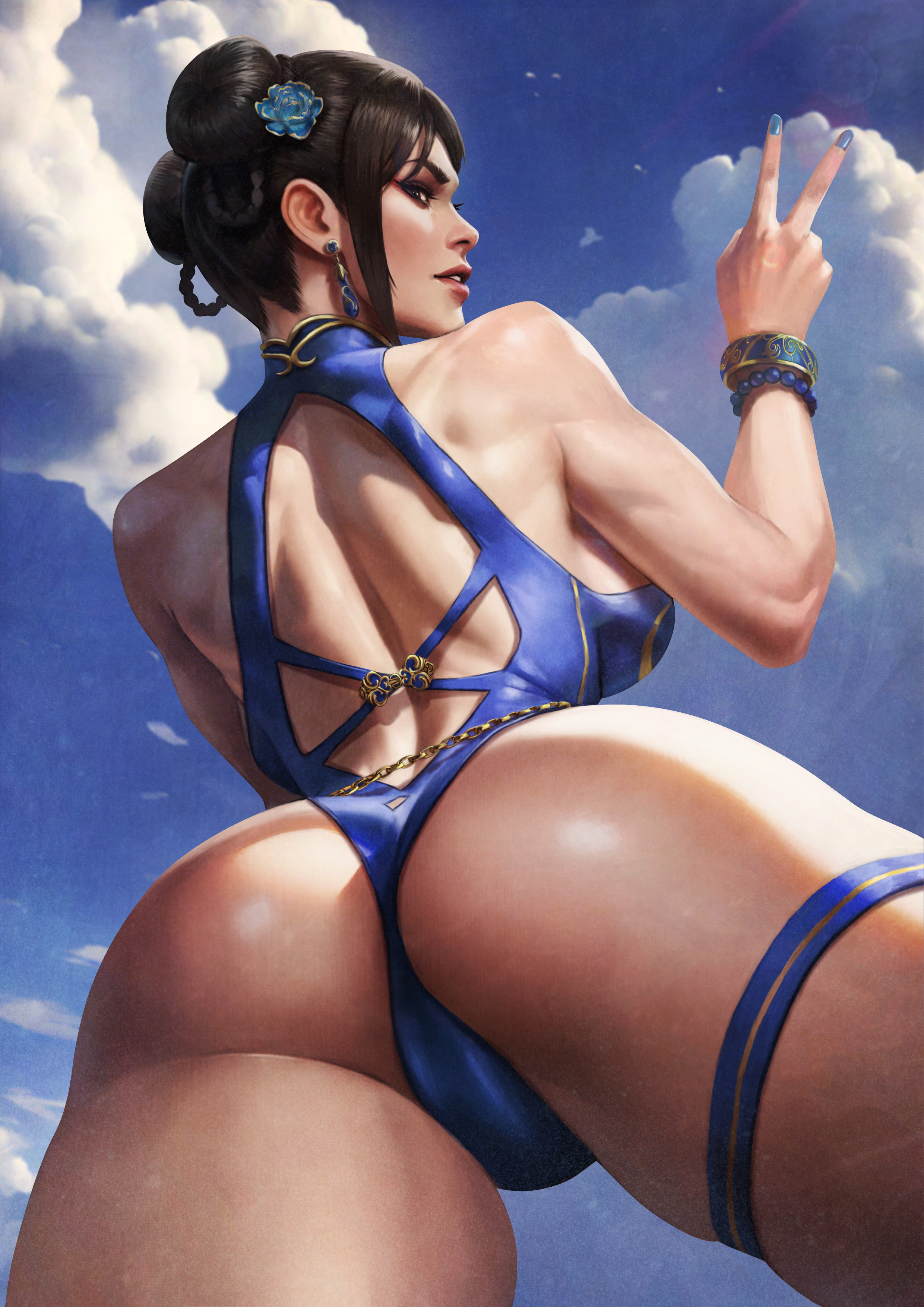 1girls, absurd res, absurdres, asian, asian female, ass, ass focus, athletic, athletic female, back view, below view, big ass, big breasts, big butt, big thighs, blue one-piece swimsuit, blue swimsuit, booty, breasts, breasts visible from back, buns, butt focus, capcom, chinese, chinese female, chun-li, clouds, earrings, female, female focus, female only, fit, fit female, flower in hair, flowers in hair, from behind, from below, hairbun, hairbuns, highres, huge ass, huge breasts, huge butt, large ass, large boobs, large breasts, large butt, monorirogue, one-piece swimsuit, peace sign, side boob, sideboob, skindentation, sky, solo, solo female, solo focus, street fighter, street fighter v, swimsuit, thick ass, thick butt, thick thighs, thighs, tight, tight clothing, v, v sign