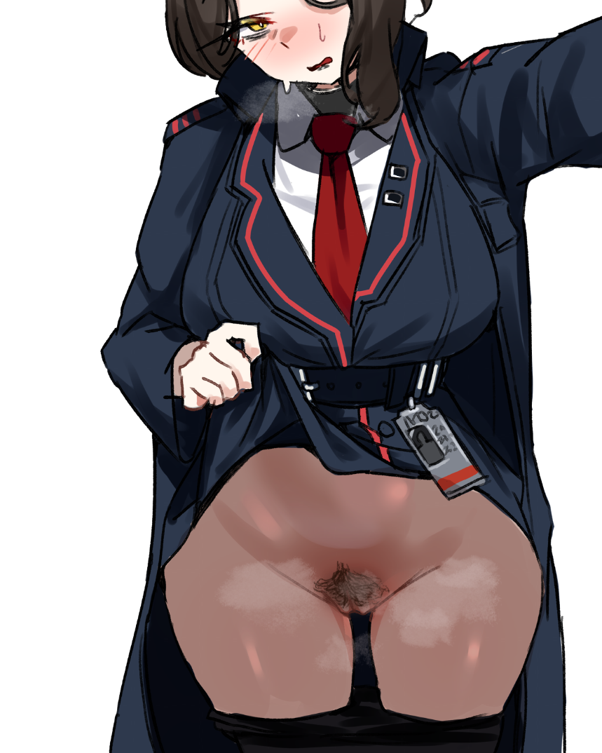 1girls, belt, big breasts, blush, bottomless, breasts, brown hair, cat nip, embarrassed, female, hair over one eye, hermann (limbus company), lifting skirt, limbus company, looking at viewer, open mouth, pants down, partially clothed, presenting, project moon, pubic hair, pussy, short hair, sweat, thick thighs, yellow eyes