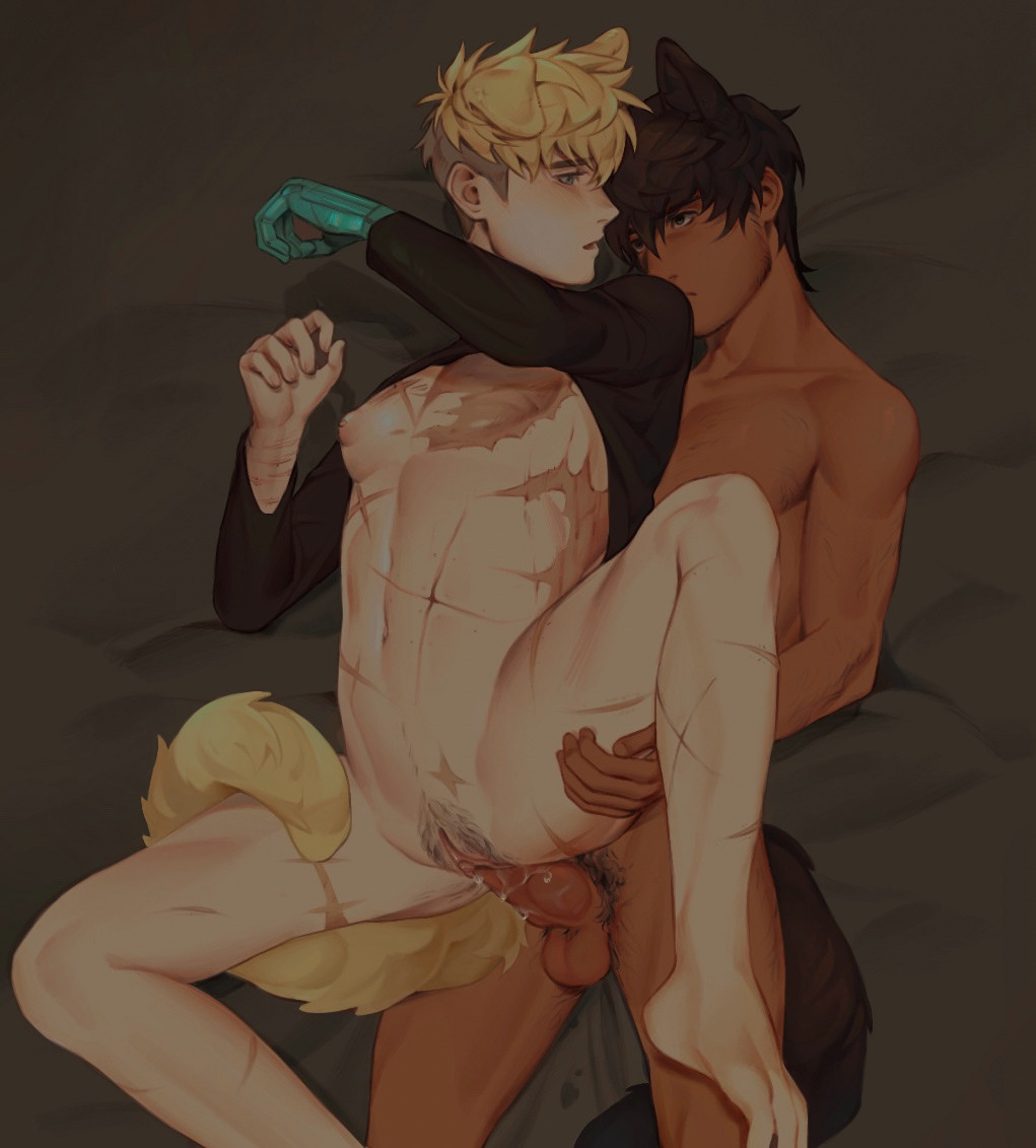 1boy, 1cuntboy, 2025, blonde hair, brown hair, cuntboy, cuntboy on male, cuntboy penetrated, cuntboy/male, cuntboysub, cybernetic arm, cybernetic limb, cybernetics, cyborg, digital media (artwork), dog ears, dog tail, dogboy, hairy pussy, intersex, male, male penetrating, male penetrating cuntboy, nicholas d wolfwood, partially clothed, penis, penis in pussy, pubic hair, puffy nipples, pussy, scar, scars, sealsealpurin, tan body, tan skin, trigun, trigun stampede, vagina, vaginal penetration, vaginal sex, vash the stampede