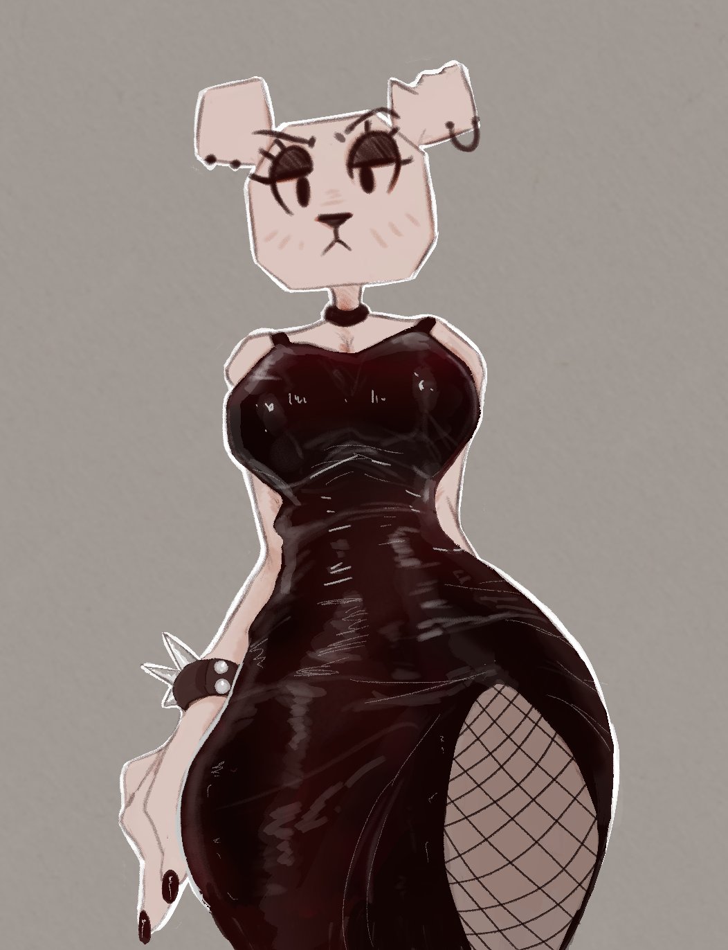 1girls, 2026, 2d, black dress, cartoon network, choker, curvy, dress, female, female only, fishnet legwear, fishnets, greengirdle, grey background, looking at viewer, looking down at viewer, painted nails, paper, paper girl, piercing, piercings, solo, spiked bracelet, teri (tawog), the amazing world of gumball, white body, wide hips