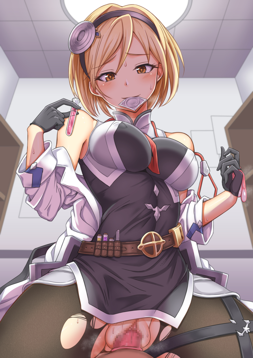 1boy 1boy1girl assertive bangs bare_shoulders belt between_breasts big_breasts black_dress black_gloves black_hairband black_legwear blonde_hair blush breasts brown_eyes censored clothed_sex condom condom_in_mouth condom_on_penis condom_wrapper covered_nipples cowgirl_position djeeta_(granblue_fantasy) djeeta_(granblue_fantasy)_(doctor) doctor_(granblue_fantasy) dress female gloves granblue_fantasy hairband happy_sex heart heart-shaped_pupils highres holding holding_condom impossible_clothes indoors labcoat large_breasts long_sleeves looking_at_viewer loose_belt male mosaic_censoring mouth_hold necktie necktie_between_breasts pantyhose penis pov pov_eye_contact pussy red_neckwear sex short_dress short_hair sleeveless sleeveless_dress smile solo_focus spread_legs stethoscope straddling straight sweat symbol-shaped_pupils test_tube thigh_strap torn_clothes torn_legwear used_condom utility_belt vaginal_penetration yasojima_nejiro