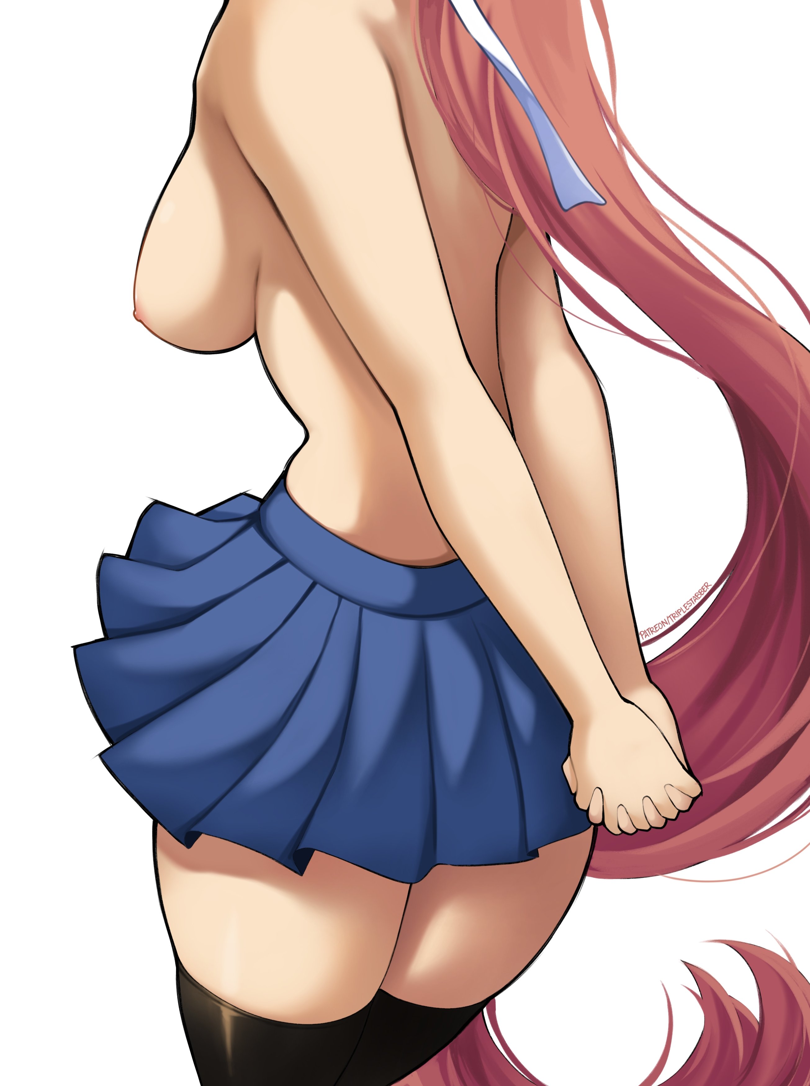1girls, breasts, doki doki literature club, monika (doki doki literature club), school uniform, skirt, solo, solo female, tagme, thighhighs, thighs, topless, triplestabber