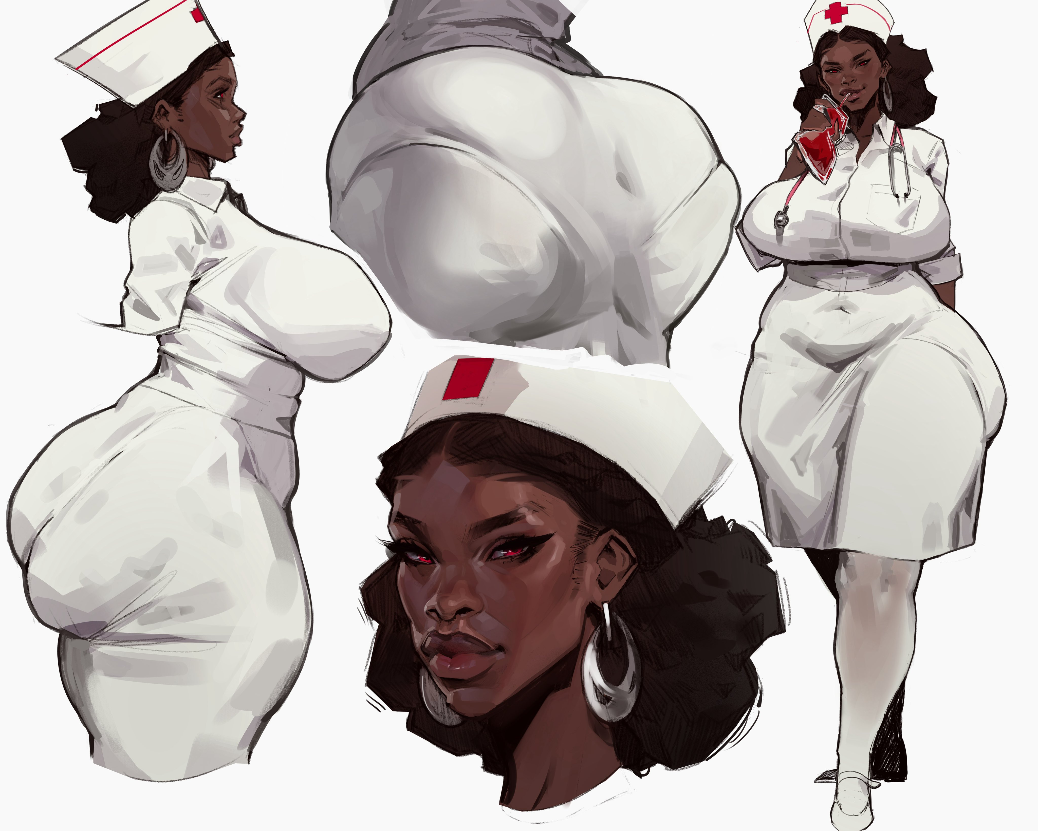 african, african female, afro, big ass, big breasts, commission, curvaceous, curvy, curvy figure, dark skin, dark-skinned female, digital art, digital media (artwork), fat ass, hoop earrings, large breasts, magicmoonsarts, nurse, nurse cap, nurse hat, nurse uniform, original, original art, original artwork, original character, red eyes, reference sheet, solo, solo female, solo focus, very dark skin, very dark-skinned female, voluptuous, voluptuous female, white stockings
