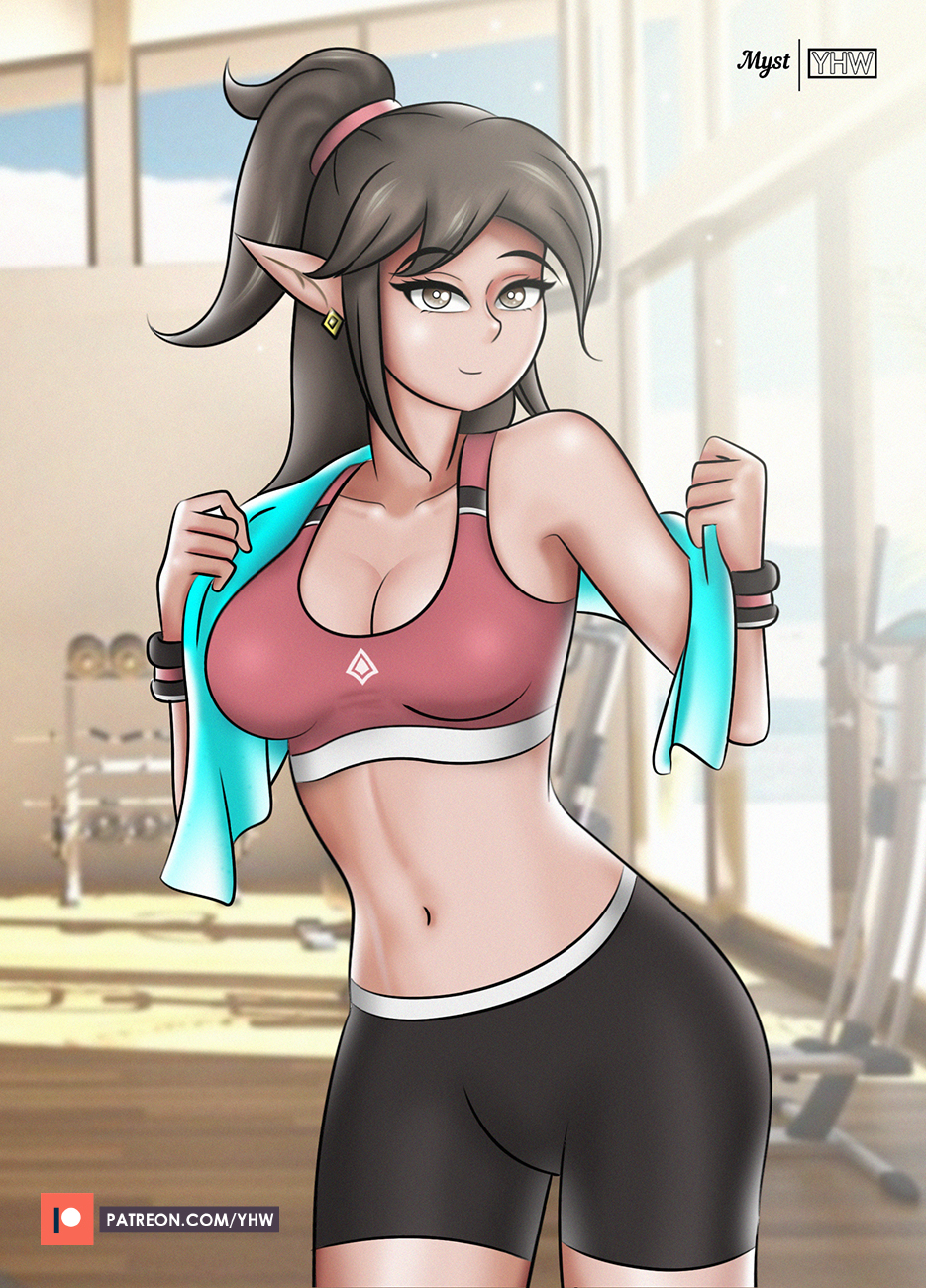1girls, 2019, alternate costume, booty shorts, brown hair, elf, female, fitness, gym, gym uniform, long hair, paladins, solo, sports bra, sports uniform, white skin, workout, yhw, ying (paladins)