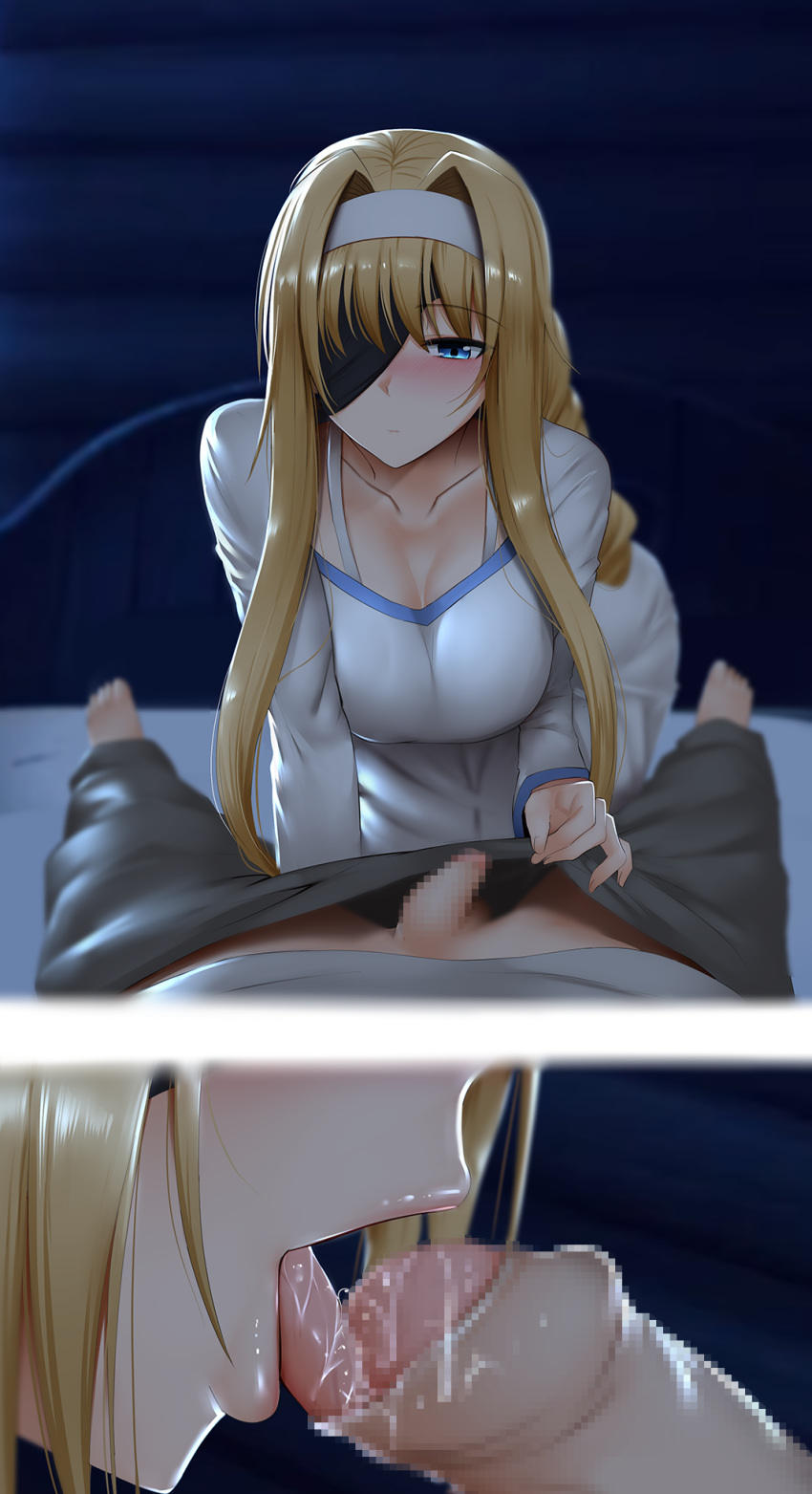 1boy, 1girls, alice zuberg, blonde hair, blue eyes, breasts, censored, fellatio, female, foreskin, long hair, male, oral, oral sex, pants pull, penis, sword art online, sword art online: alicization, tagme, tongue in foreskin, uncircumcised