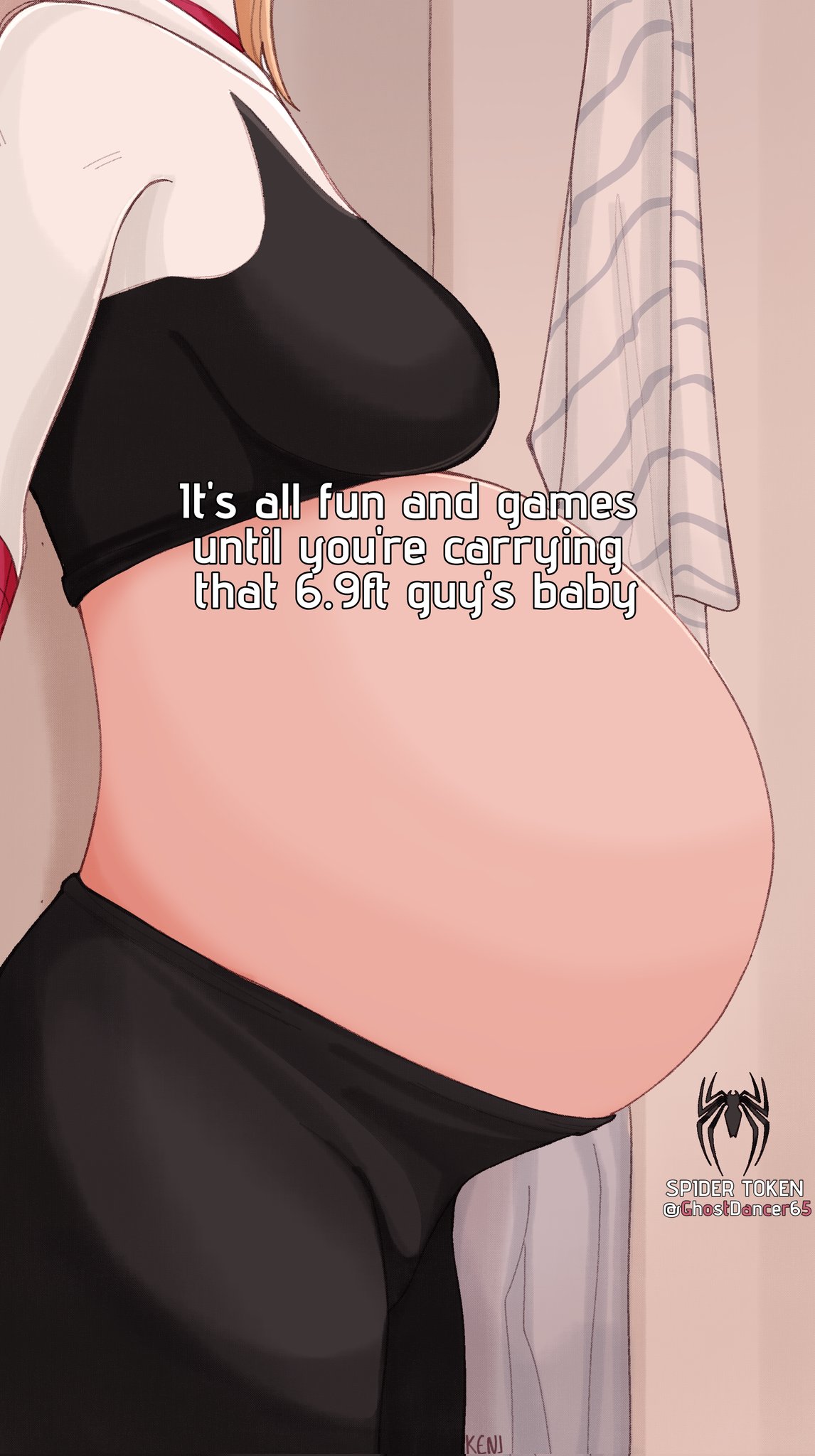 1girls, after sex, age difference, belly, big belly, breasts, female, female only, gwen stacy, gwen stacy (spider-verse), implied sex, kenkogs, light skin, light-skinned female, marvel, pregnant, pregnant belly, pregnant female, side view, small breasts, social media, solo, solo female, spider-gwen, spider-man (series), spider-man: across the spider-verse, spider-man: into the spider-verse, text
