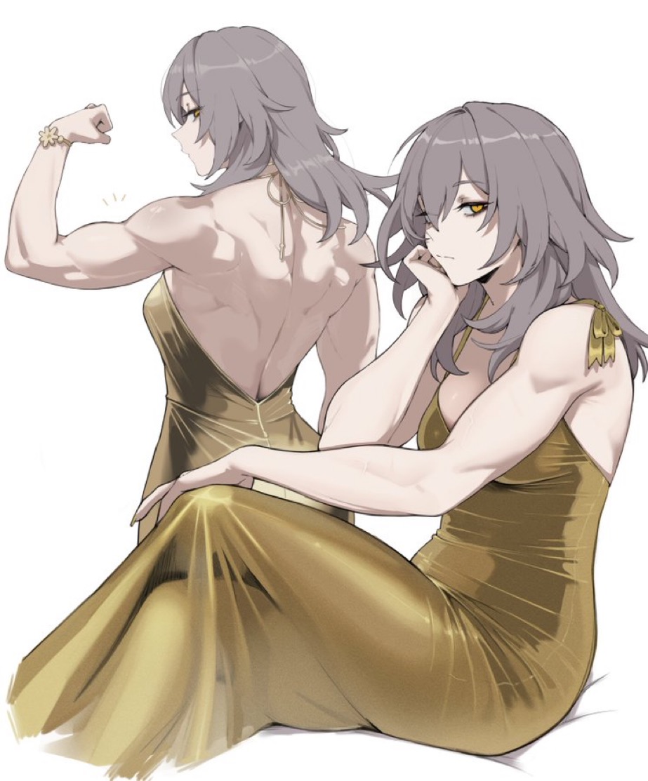1girls, 2d, 2d (artwork), ass, back, back muscles, back view, breasts, dress, female, female only, golden dress, grey hair, hi res, highres, honkai: star rail, light skin, light-skinned female, long hair, looking at viewer, masoq095, multiple images, muscular, muscular arms, muscular female, solo, stelle (honkai: star rail), thick thighs, thighs, white background