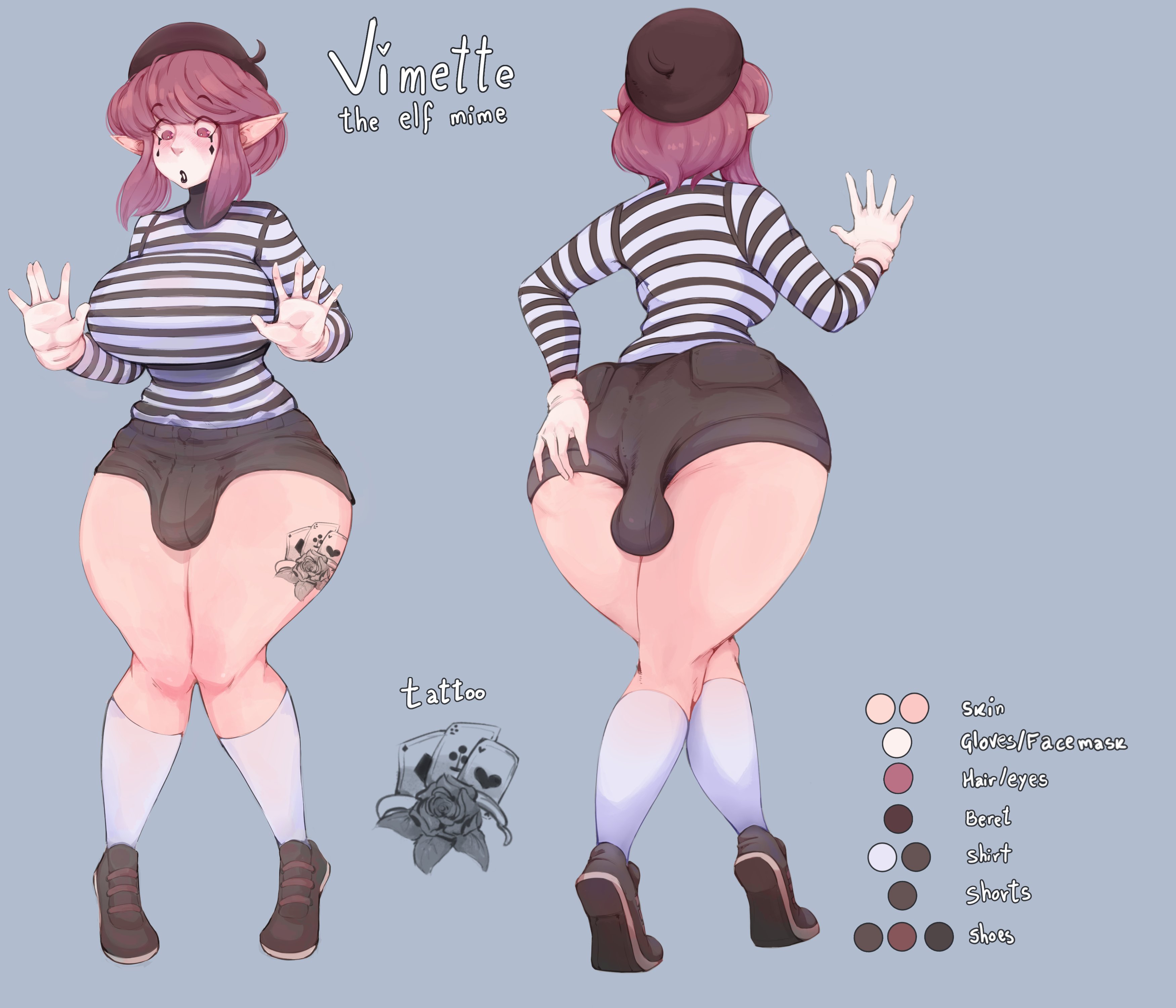 1futa, 2024, absurd res, arm up, ass, back bulge, backsack, beret, big breasts, breasts, bulge, busty, character sheet, curvy, futanari, hand gesture, hat, hips, huge breasts, huge cock, large breasts, light skin, mime, oc, open mouth, original, original character, penis, penis bulge, pointy ears, simple background, solo, striped clothing, tagme, vimette (vinchbleat), waving, yxxzoid