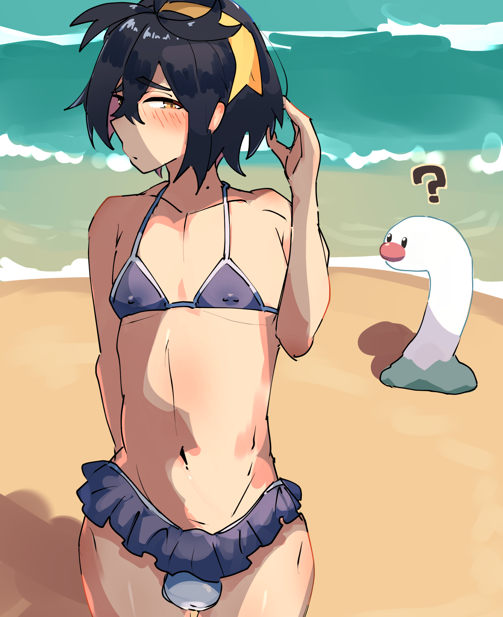 beach, bikini, bikini skirt, blush, bulge, femboy, kieran (pokemon), male, nyanpu, pokemon, pokemon (species), wiglett