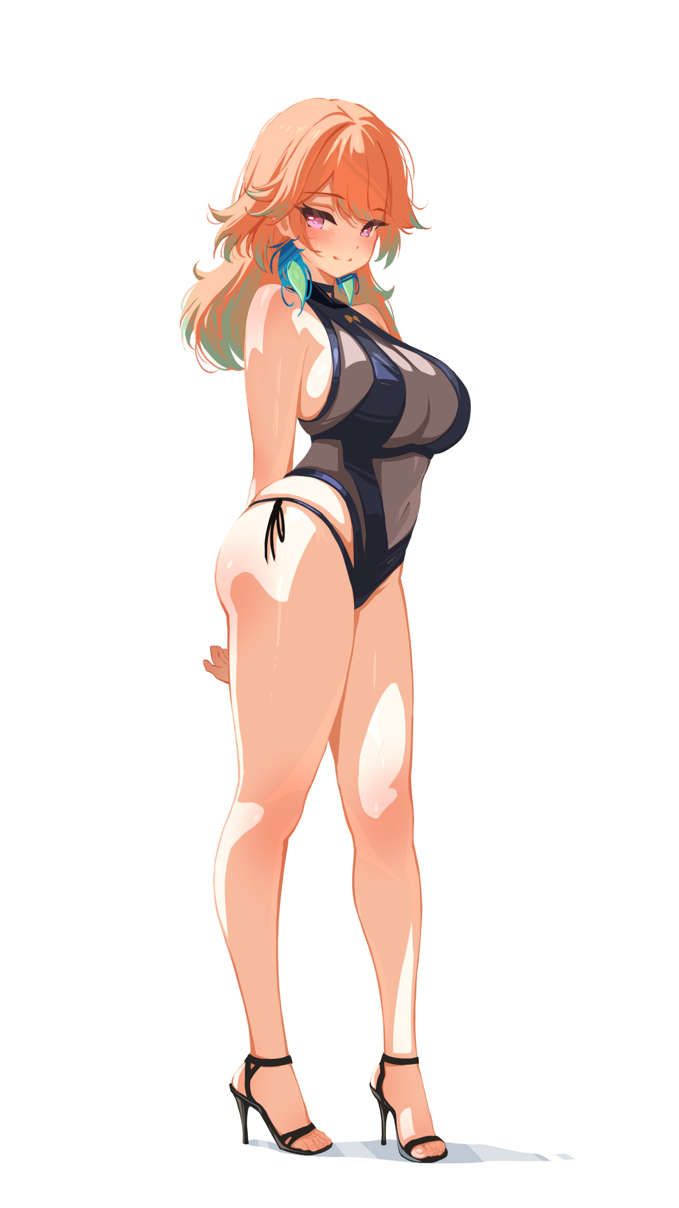 1girls, ankle strap heels, arms behind back, ass, bangs, bare shoulders, beautiful, big ass, big breasts, bikini, blush, blushing, blushing at viewer, breasts, busty, busty female, cleavage, cleavage window, clothed, clothed female, crotch covered, earrings, eyebrows, eyebrows visible through hair, feather earrings, female, female focus, high heels, hips, hololive, hololive english, hololive myth, huge breasts, large ass, large breasts, light skin, light-skinned female, long hair, long legs, looking at viewer, midriff, midriff showing, monokini, navel, navel visible through clothes, nipples covered, one piece swimsuit, open toe heels, open toe shoes, orange hair, perfume (takanashi kiara), pierced ears, purple eyes, sansha art, see-through bikini, see-through clothing, see-through swimsuit, shiny skin, side eye, side tie bikini, sideboob, simple background, smiling, solo, solo focus, standing, swimsuit, swimwear, takanashi kiara, thick thighs, thighs, tight clothing, toes, virtual youtuber, voluptuous, voluptuous female, white background, wide hips