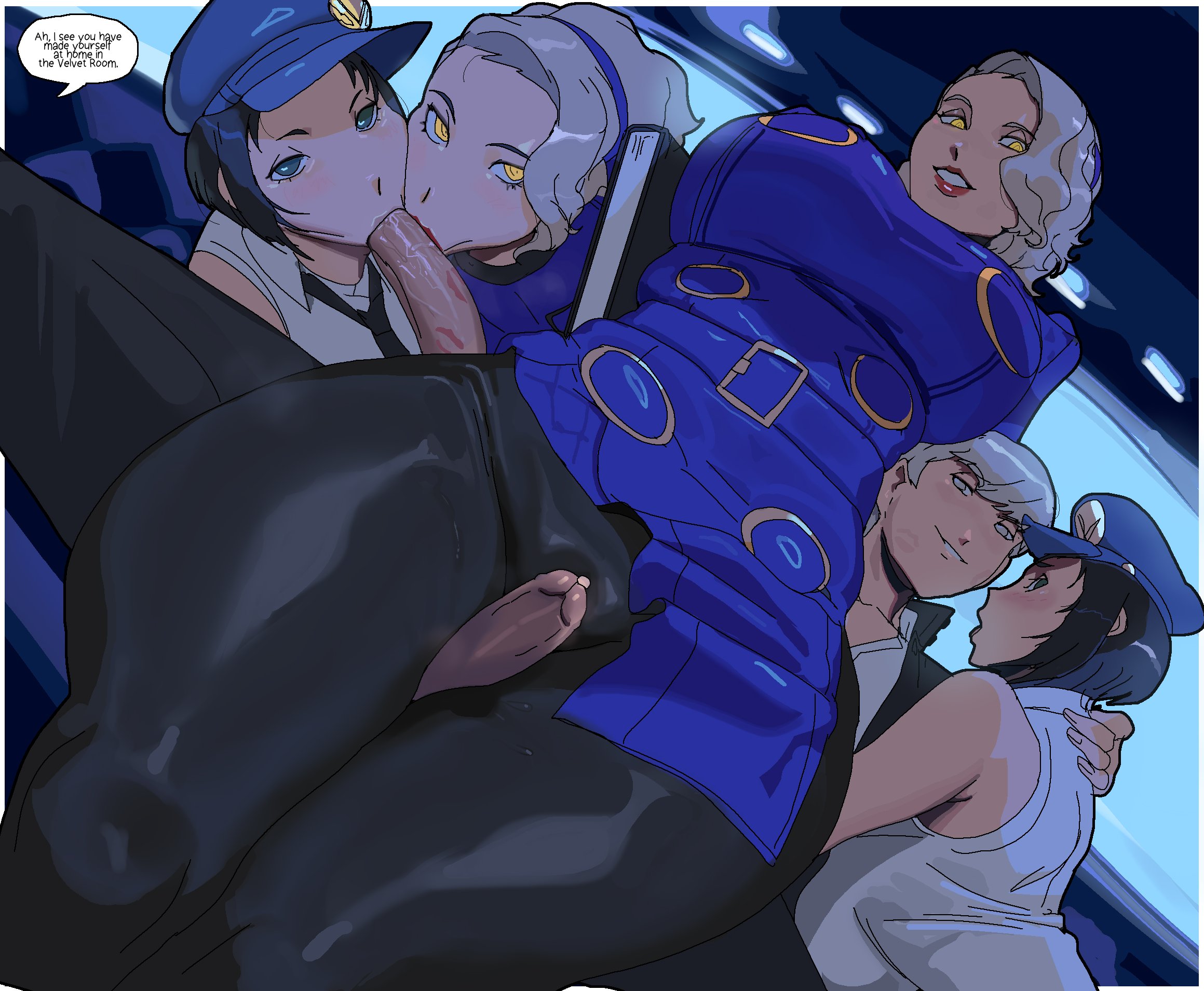 1boy, 2girls, blowjob, clothed, clothed sex, collaborative fellatio, dialogue, dolecat, dolekat, fellatio, huge breasts, kiss mark, kiss mark on penis, kissing, margaret (persona), marie (persona 4), narukami yu, oral, penis, penis between thighs, persona, persona 4, precum, sitting on lap, thick thighs, thighs, threesome, velvet room