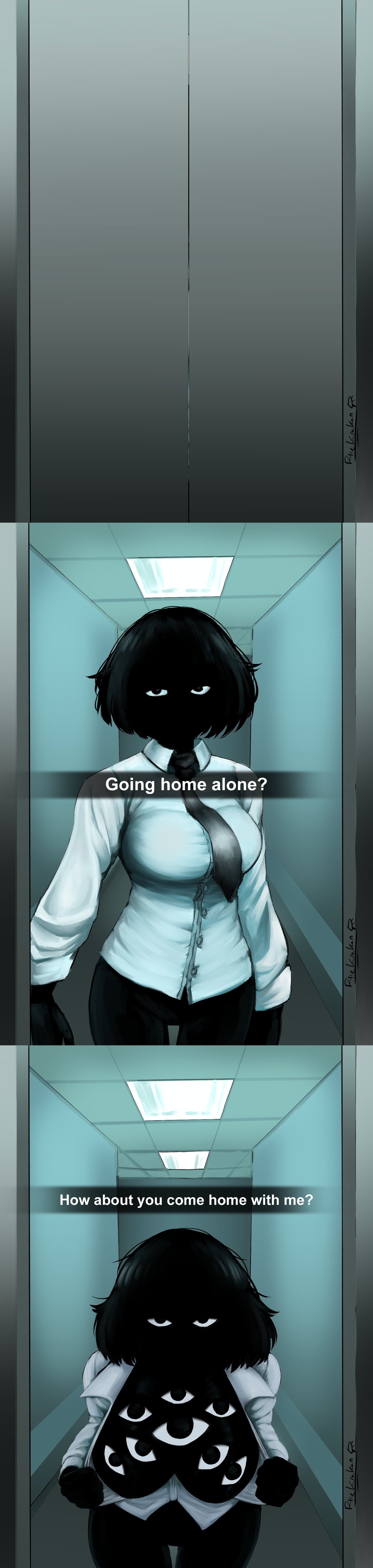 ?, 1female, 1girl, 1girls, 2026, 2d, 2d (artwork), 2d art, 2d artwork, ambiguous pov, arms, asking a question, asking viewer, average breasts, black body, black hair, black necktie, black pupils, black skin, black tie, bluesky link, boobies, boobs, breasts, buttons, ceiling, ceiling light, collar, collared shirt, colored, cuffs (clothing), dialogue, digital, digital art, digital drawing, digital drawing (artwork), digital media, digital media (artwork), elevator, elevator door, english, english dialogue, english text, entity, eyes, eyes on body, eyes on breasts, female, girl, hallway, hands, head, imminent sex, invitation, inviting, inviting to sex, inviting viewer, legs, light, looking at viewer, medium breasts, multi eye, nate hand gesture, neck, neck tie, necktie, open shirt, opening shirt, pov, presenting, presenting boobs, presenting breasts, seducing, seducing viewer, seductive, seductive eyes, seductive look, seductive pose, shirt, shirt open, short hair, shoulder length hair, standing, standing female, standing position, staring at viewer, tagme (artist), talking to viewer, text, tie, topwear, twitter link, twitter source, unbuttoned, unbuttoned shirt, unbuttoned topwear, unknown species, wall, wall (structure), watermark, white collar, white collared shirt, white cuffs, white sclera, white shirt, white text, white top, white topwear