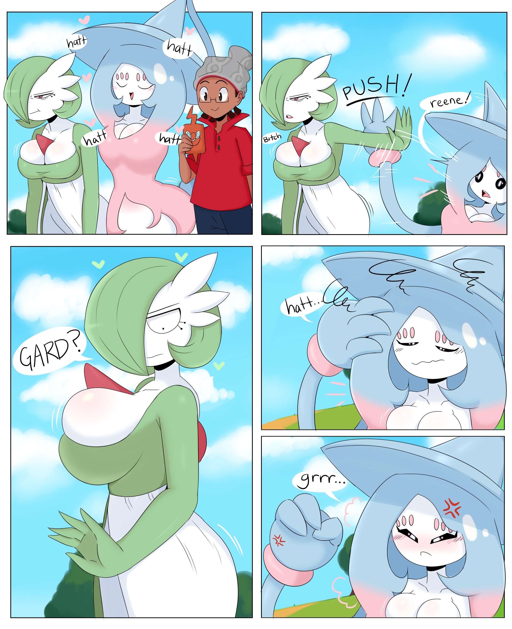 1boy, 2girls, ambiguous gender, angry, anthro, anthrofied, ass, big ass, black sclera, breast growth, breasts, bursting breasts, cleavage, closed eyes, clothing, comic, dark skin, dark-skinned male, day, electronics, female, gardevoir, generation 3 pokemon, generation 4 pokemon, generation 8 pokemon, green hair, hair, hair over one eye, half-closed eyes, hat, hatterene, heart, heavy breathing, holding, huge ass, huge breasts, human, jinu, large ass, larger female, looking at viewer, male, motion lines, multiple females, multiple girls, nintendo, original character, outdoors, pokemon, pokemon (species), pokemon dppt, pokemon rse, pokemon ss, prehensile hair, pushing, red eyes, rotom, rotom phone, side view, sideboob, size difference, sky, smaller male, smile, straight, text, thick thighs, victor (pokemon), video games, white border, white eyes, wide hips