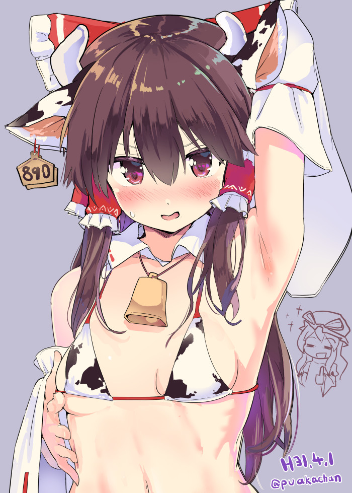 2girls, armpit fetish, armpits, arms up, bare shoulders, belly, belly button, bikini, blush, blush lines, blushing, blushing at viewer, bow, bowtie, breasts, brown hair, chibi, chibi inset, collar, cow ears, cow print, cow print bikini, cowbell, detached collar, detached sleeves, ear tag, embarrassed, fake animal ears, fake horns, flat chest, frilled collar, frilled ribbon, frilled shirt collar, frills, hair bow, hair ribbon, hair tubes, hat, hat ribbon, horn, horns, long hair, long sidelocks, long sleeves, looking at viewer, micro bikini, miko, mob cap, multiple girls, navel, necklace, neckwear, nervous, nervous smile, presenting, presenting armpit, puuakachan, red eyes, reimu hakurei, ribbon, showing armpits, showing off, sidelocks, small breasts, smile, smiley face, smiling, smiling at partner, solo focus, sparkle, sparkles, stomach, sweat, sweatdrop, sweating, thumbs up, touhou, wide sleeves, yukari yakumo