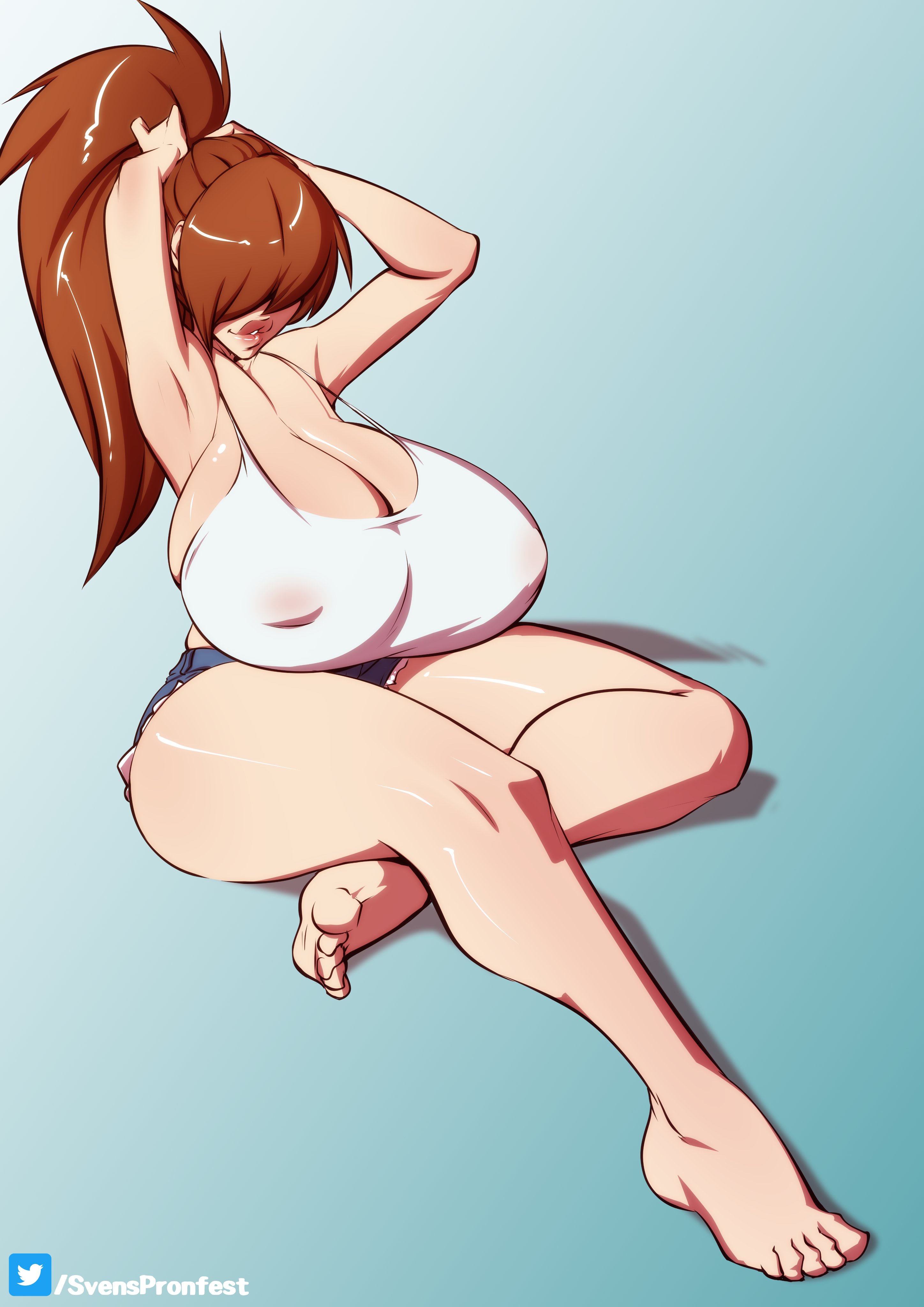 1girls, bare legs, barefoot, breasts, cleavage, clothed female, erect nipples, erect nipples under clothes, feet, female, female only, hair over eyes, huge breasts, nipples, ponytail, sitting, solo, svenners, thick, thick thighs, toes, wide hips
