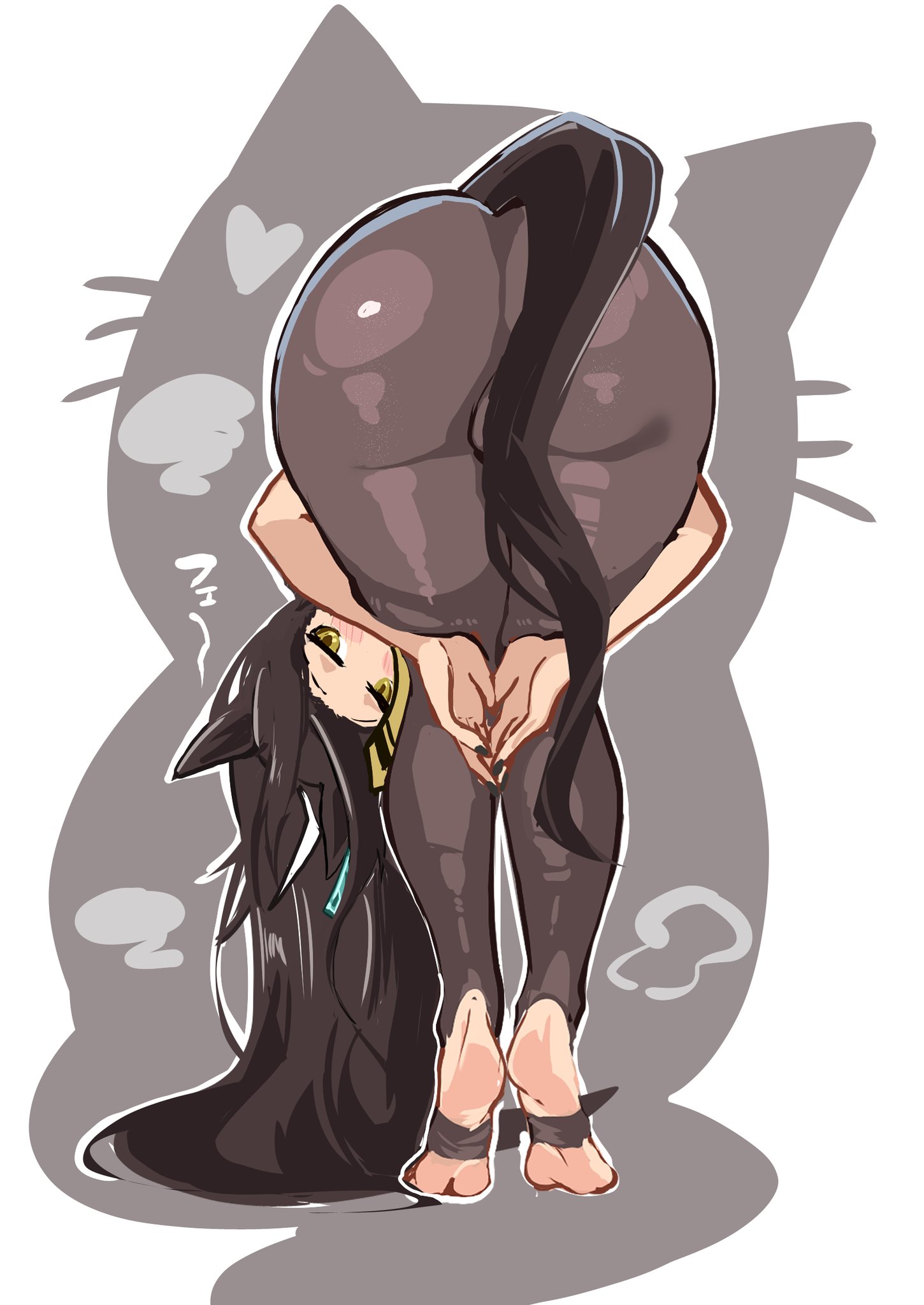 1girls, bent over, big ass, black hair, fumitonkatsu (artist), horse ears, horse girl, horse tail, long hair, looking at viewer, looking back, manhattan cafe (umamusume), praise da booty (meme), solo, solo focus, stirrup legwear, teasing, teasing viewer, umamusume, umamusume pretty derby