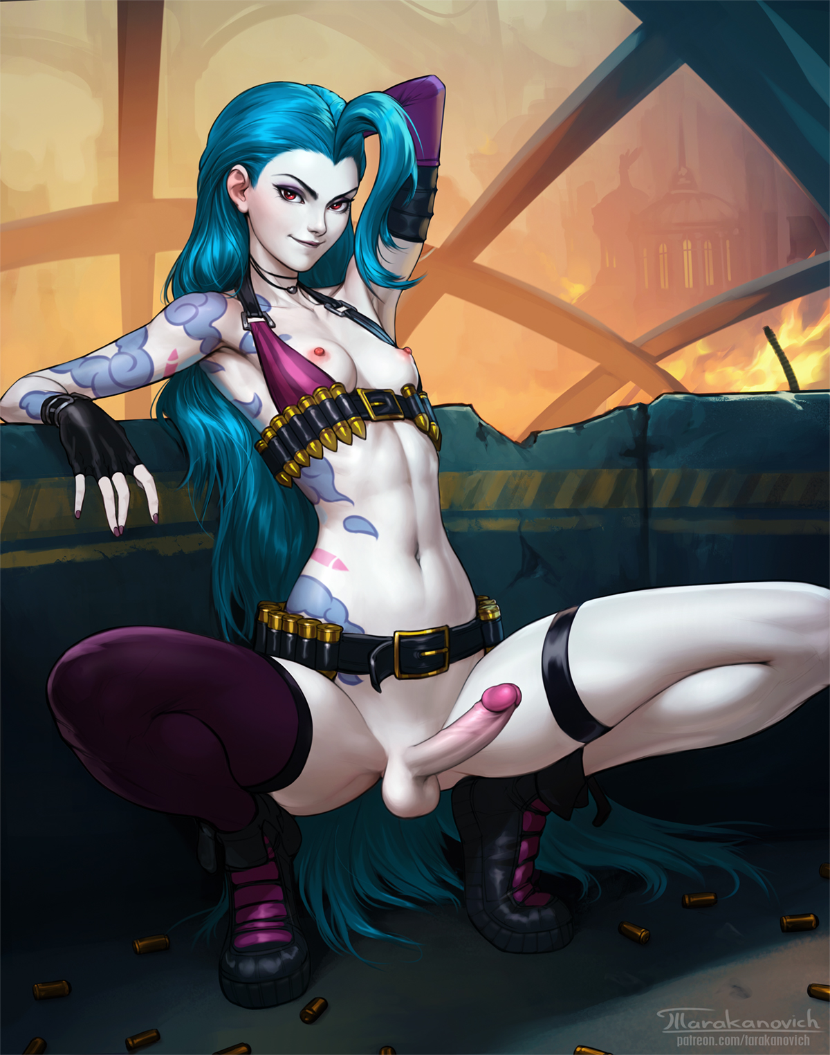 1futa, areolae, arm behind head, armpits, arms up, balls, blue hair, bottomless, braid, breasts, dickgirl, erect nipples, erect penis, erection, exposed breasts, flat chest, futa only, futanari, gloves, intersex, jinx (league of legends), league of legends, leg band, looking at viewer, nipples, penis, stocking, tactical nudity, tarakanovich, tattoo