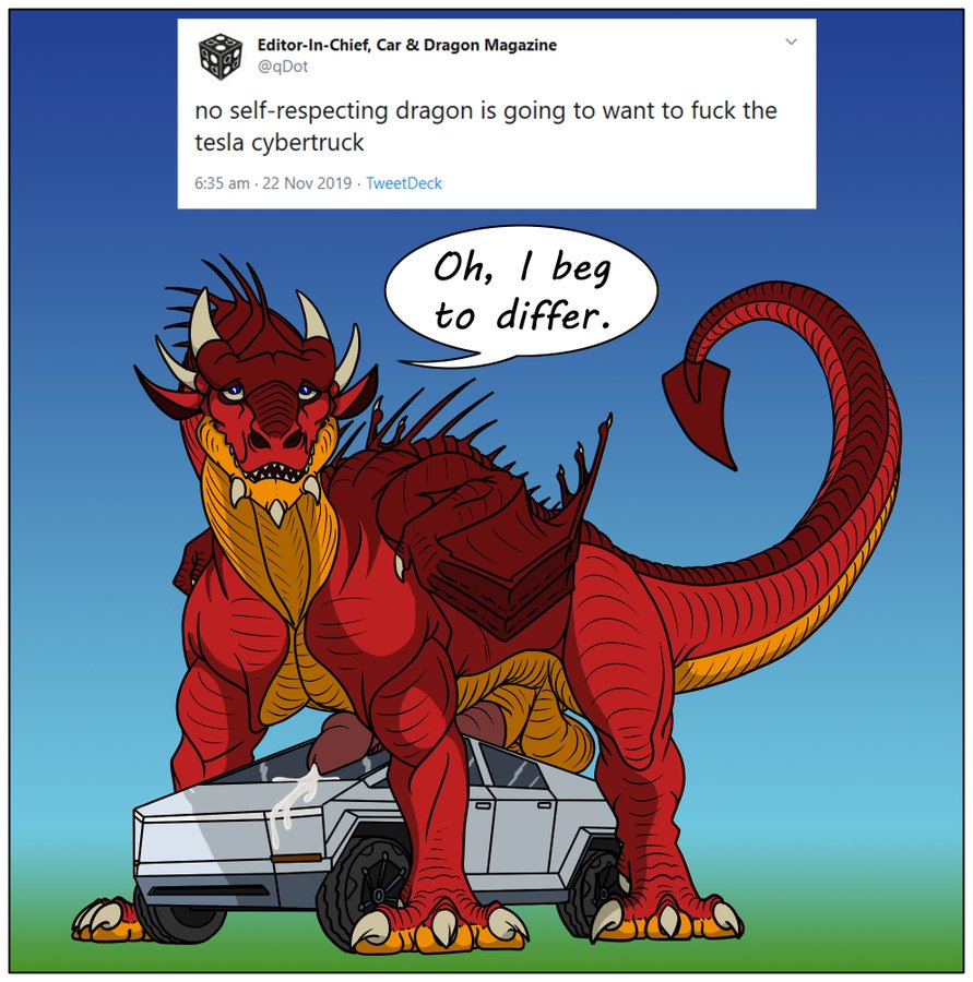 2019 ajder balls big_balls big_penis bodily_fluids cum cybertruck dragon dragons_having_sex_with_cars erection genital_fluids humor male male_only penis scales scalie simple_background size_difference tesla tweet twitter wings