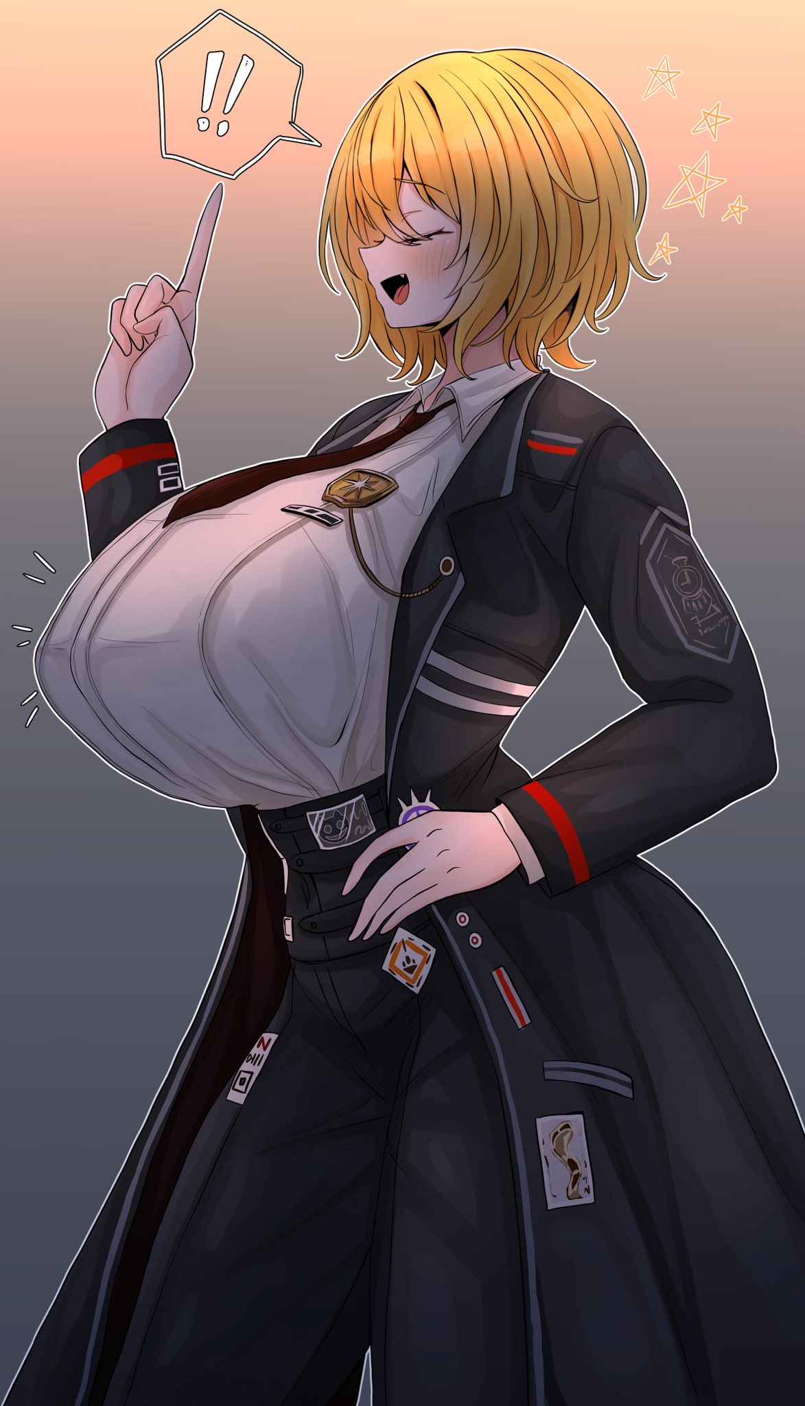 1girls, badge, bbambi, black jacket, blonde hair, breasts bigger than head, closed eyes, coat, don quixote (limbus company), female focus, female only, fully clothed, hand on hip, huge breasts, jacket, limbus company, project moon, shirt, short hair, side view, text, thick thighs, top heavy, turtleneck sweater, white shirt, yellow eyes