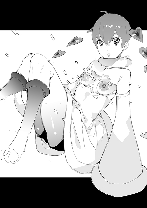 1girls, ahoge, azukiko, big areola, big nipples, breasts, breasts out, female, female only, looking at viewer, monochrome, persona, persona 5, persona 5 scramble: the phantom strikers, solo, sophia (persona 5), thick thighs, twintails