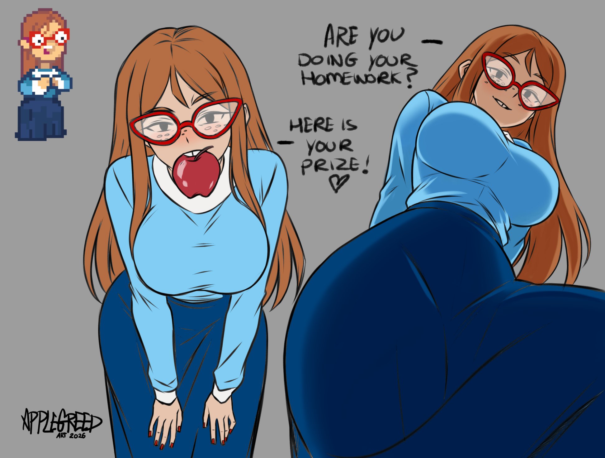 apple, ass, bending forward, bending over, big ass, big breasts, big hips, breasts, brown hair, buckteeth, curvy, female, freckles, freckles on face, glasses, heart, heart symbol, hips, huge breasts, kindergarten (game), kindergarten 3, long hair, looking at viewer, looking down, ms. lovelett, red nails, sprite, teacher, text