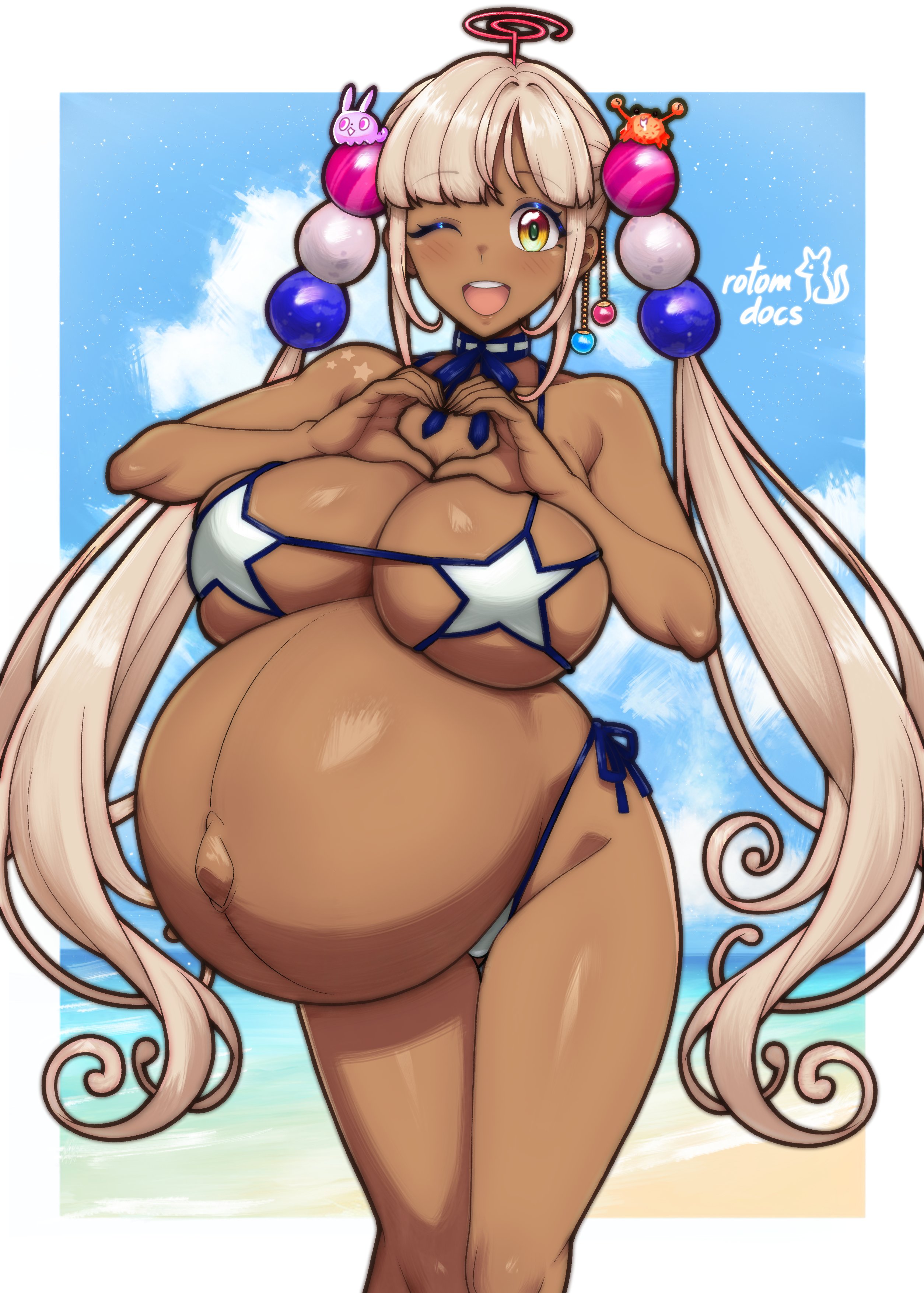 ;d, :d, 1girl, absurdres, bare shoulders, beach, bikini, blush, breasts, choker, cleavage, commentary, commission, dark skin, dark-skinned female, english commentary, grey hair, hair ornament, heart, heart hands, highres, hololive, hololive english, huge belly, ko-fi commission, large breasts, long hair, looking at viewer, navel, ocean, one eye closed, open mouth, outdoors, planet hair ornament, pregnant, rotomdocs, side-tie bikini bottom, smile, solo, star bikini, stomach, swimsuit, teeth, tsukumo sana, twintails, upper teeth only, very long hair, virtual youtuber, water, white bikini, yellow eyes
